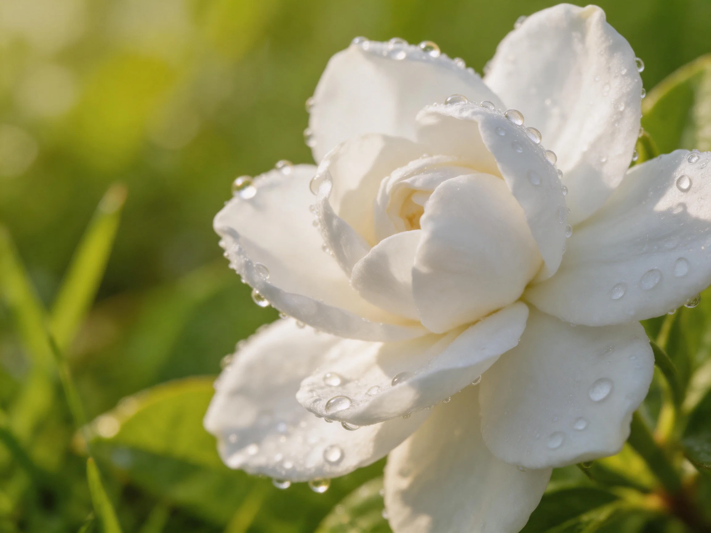 A delicate white flower adorned with glistening dewdrops amid lush green foliage
