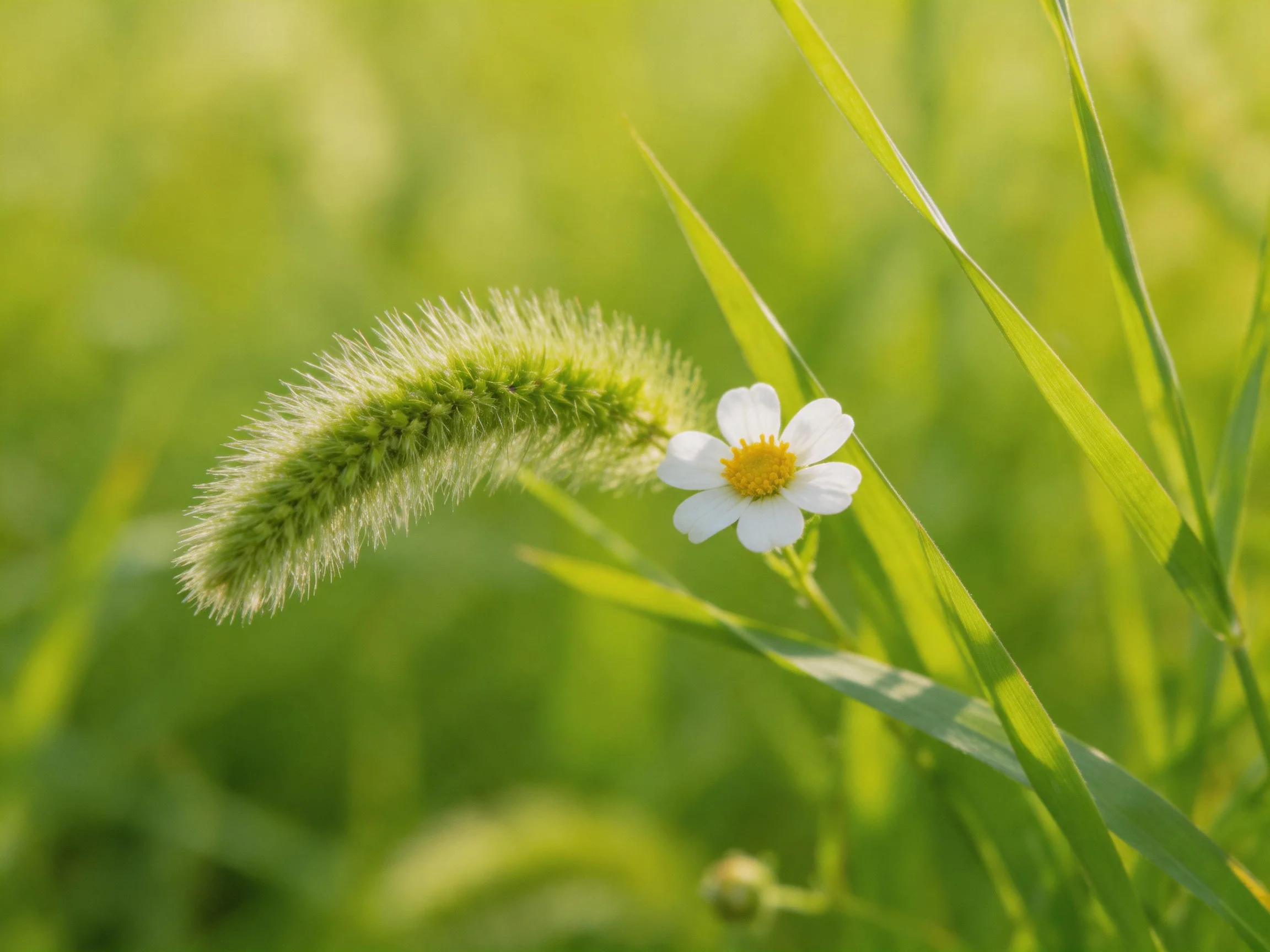 A delicate white flower beside a fuzzy green seed head among tall green blades.