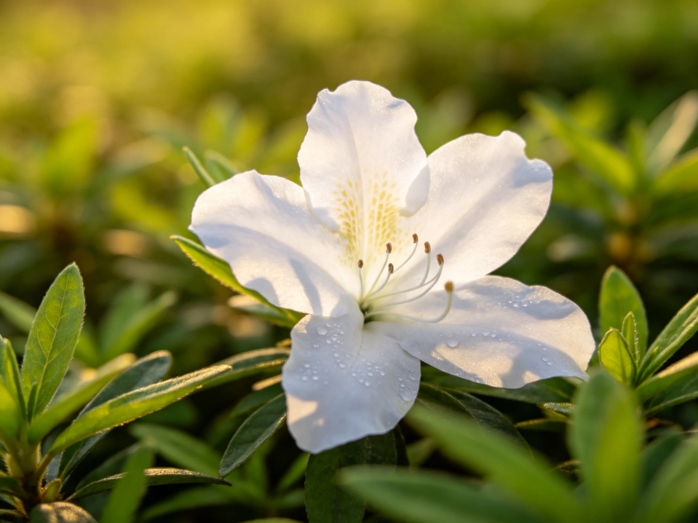 A delicate white flower blooms amid lush green foliage