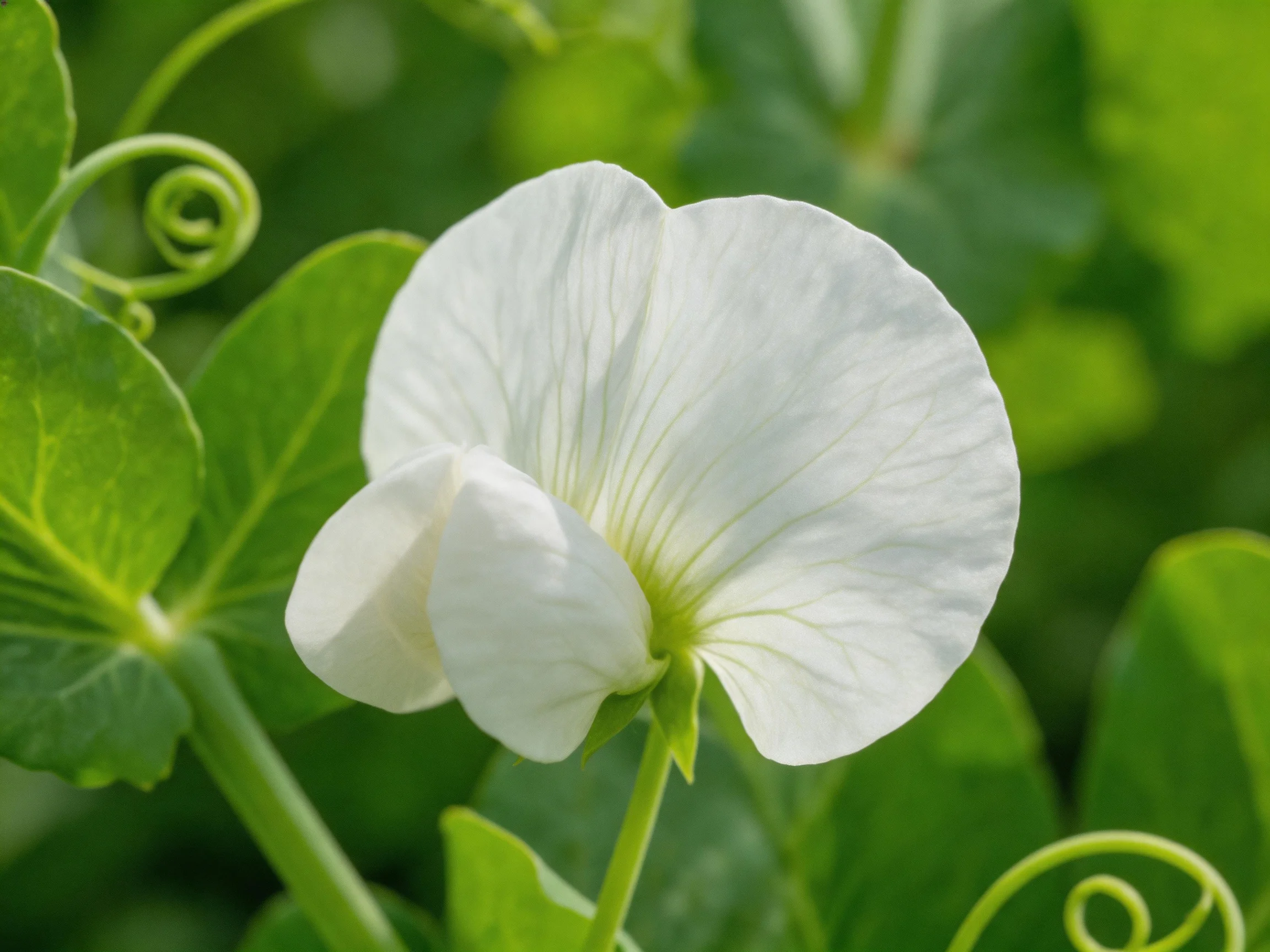 A delicate white flower blooms amid lush green foliage