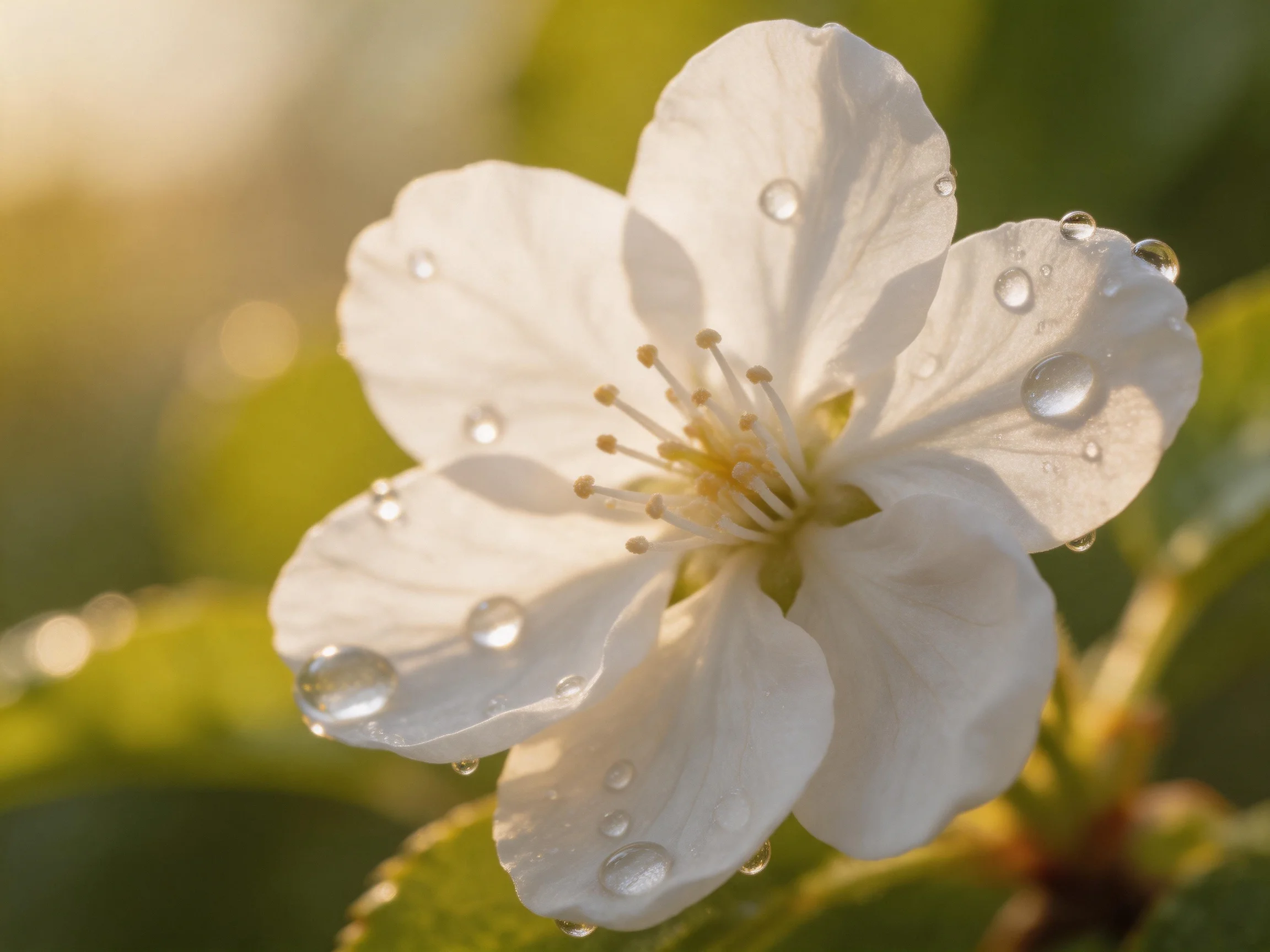 A delicate white flower dotted with glistening water droplets