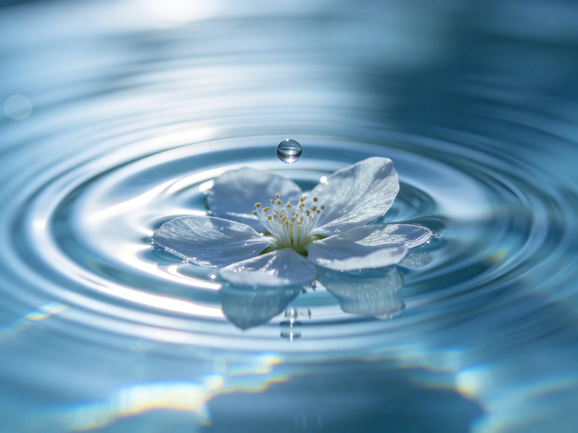 A delicate white flower floats on calm blue water with a falling droplet