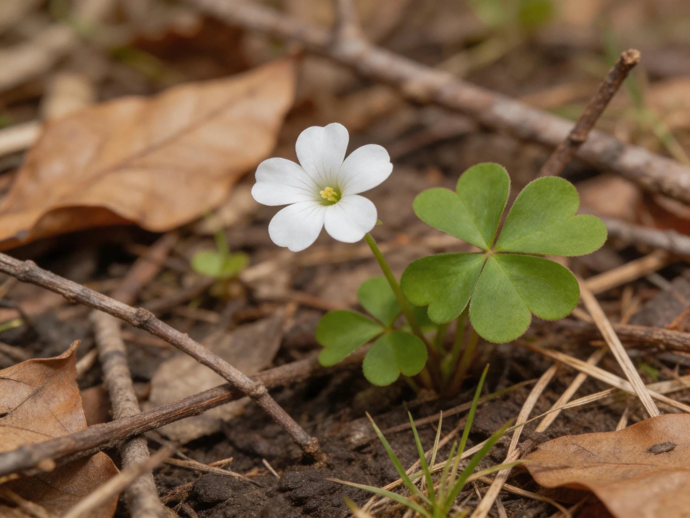 A delicate white flower near a four - leaf clover among dry leaves