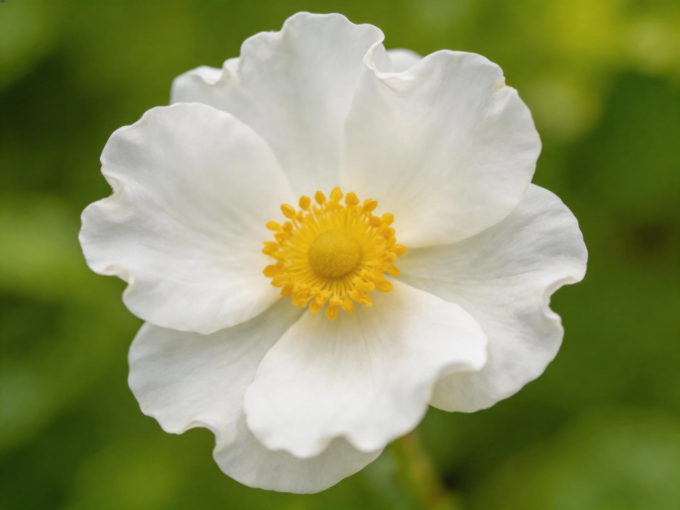 A delicate white flower with a bright yellow center amidst blurred green foliage