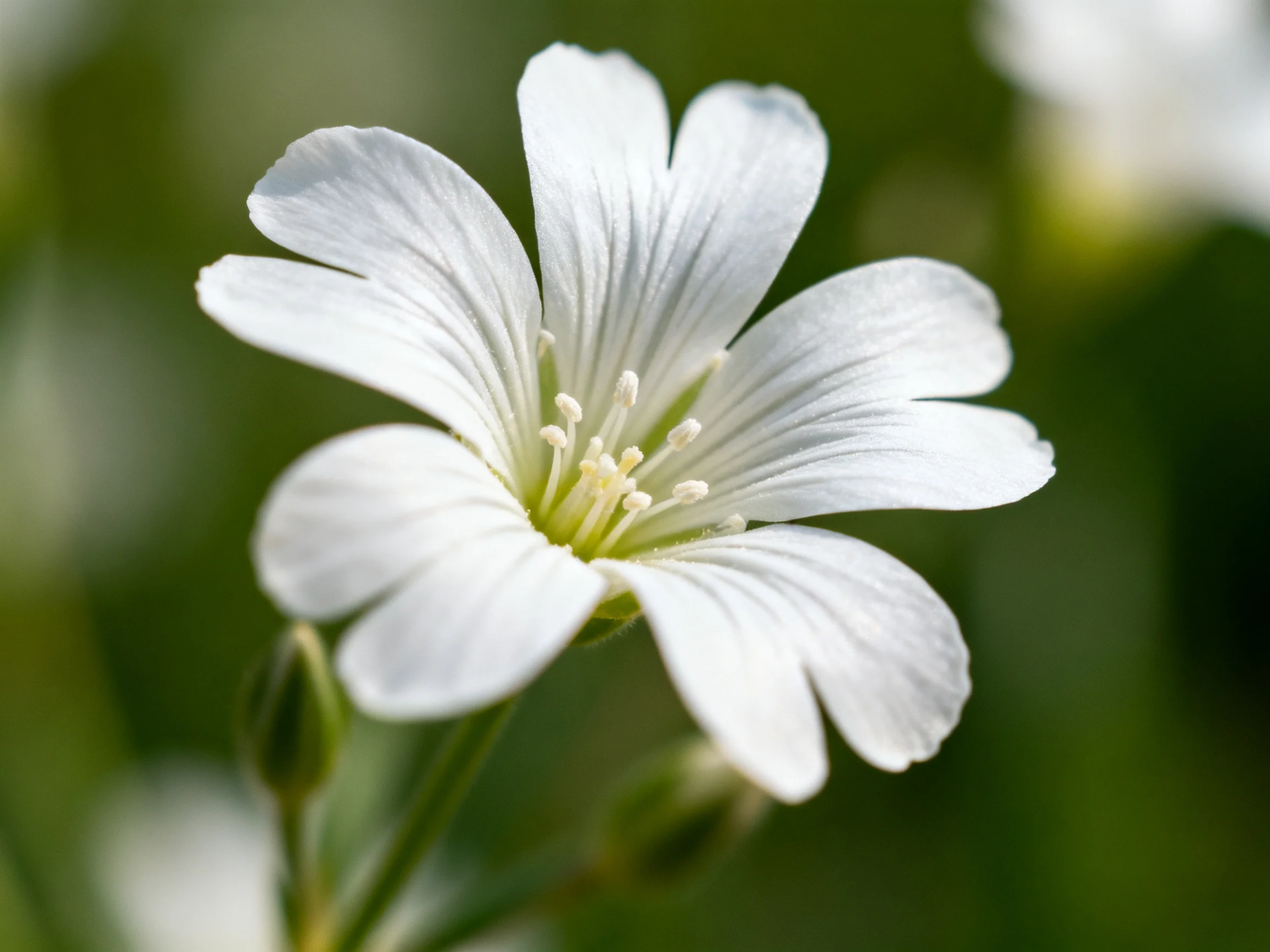 A delicate white flower with five petals against blurred green foliage