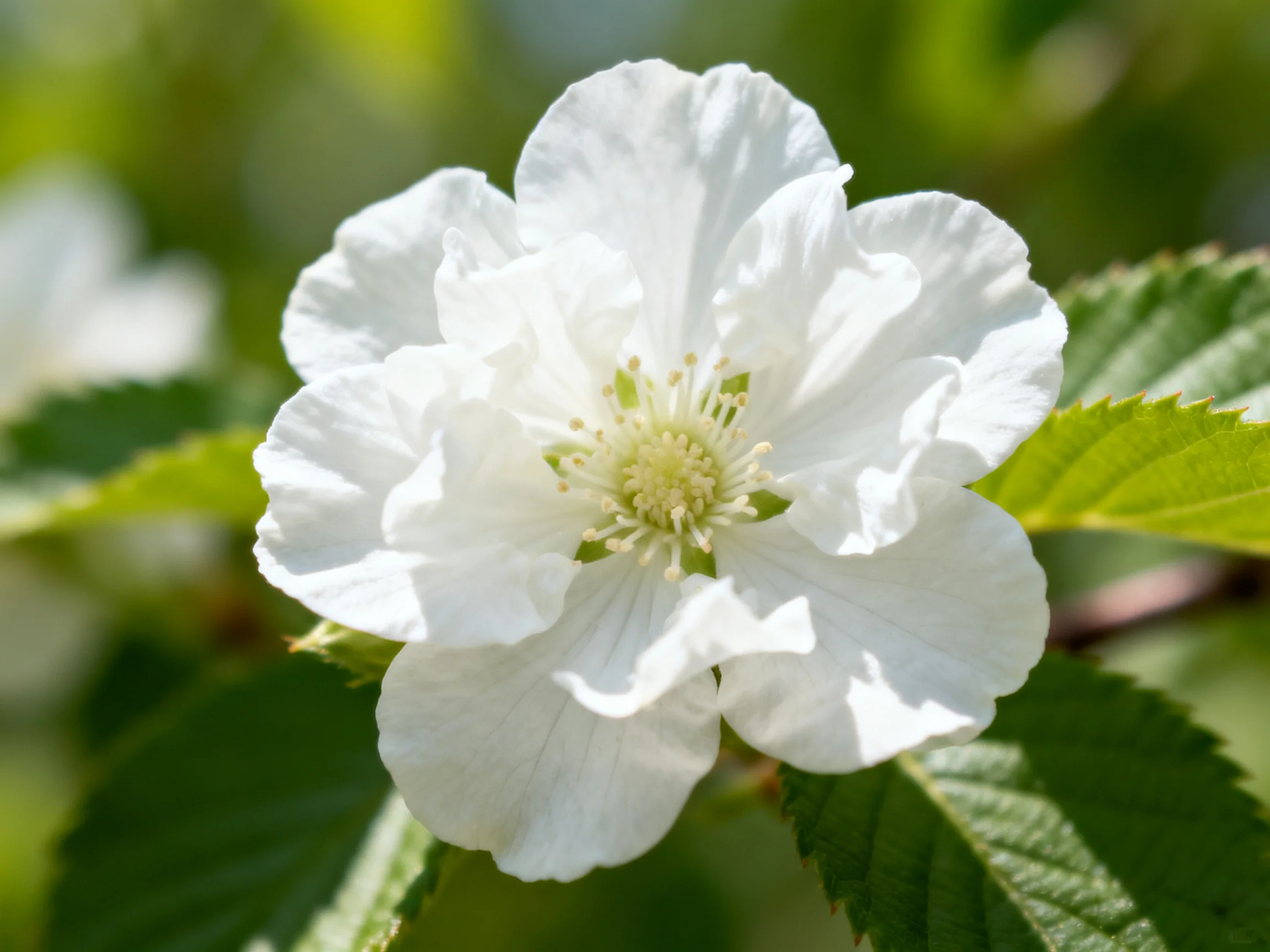 A delicate white flower with serrated green foliage