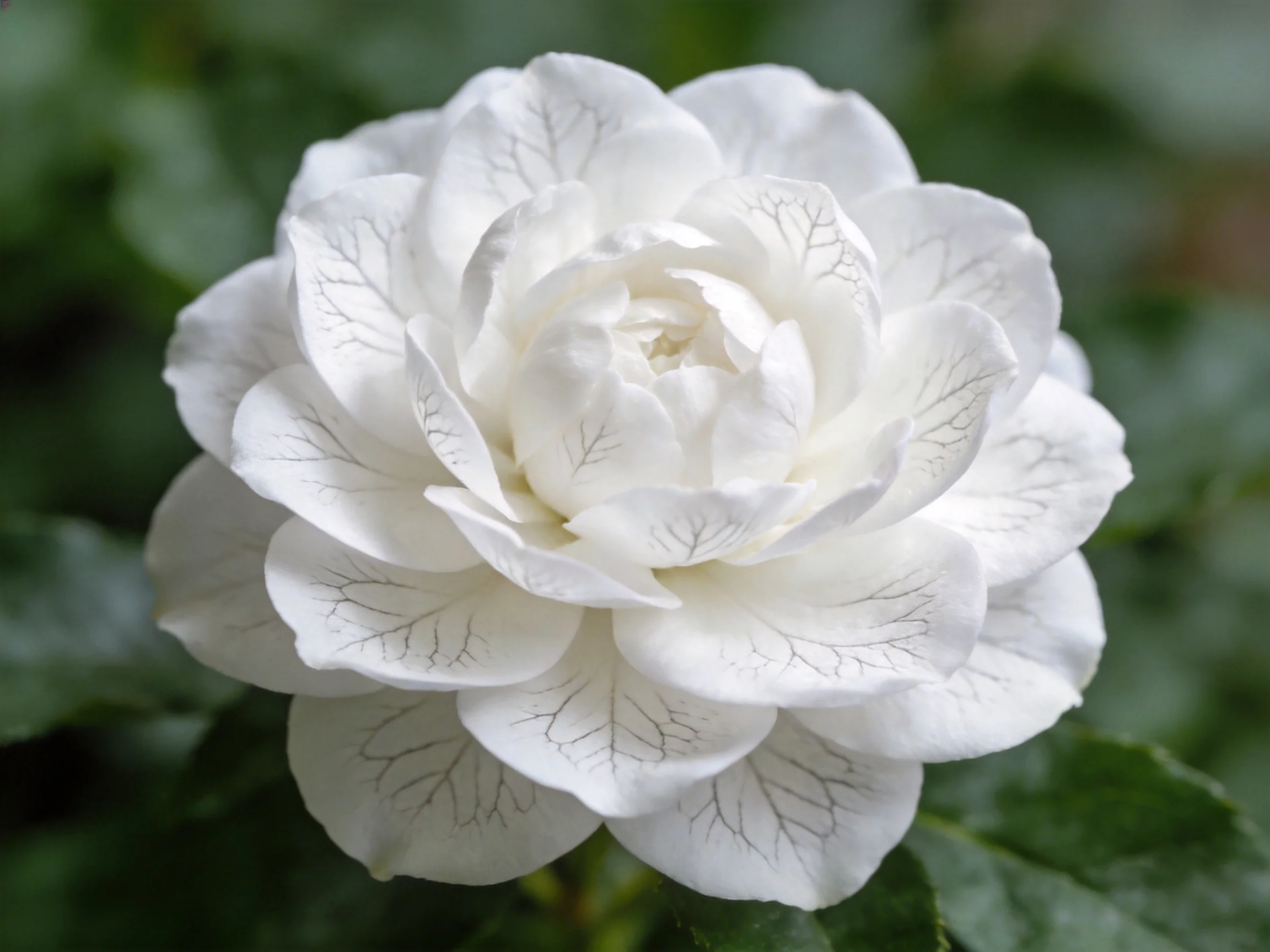 A delicate white flower with veined petals amidst lush green foliage