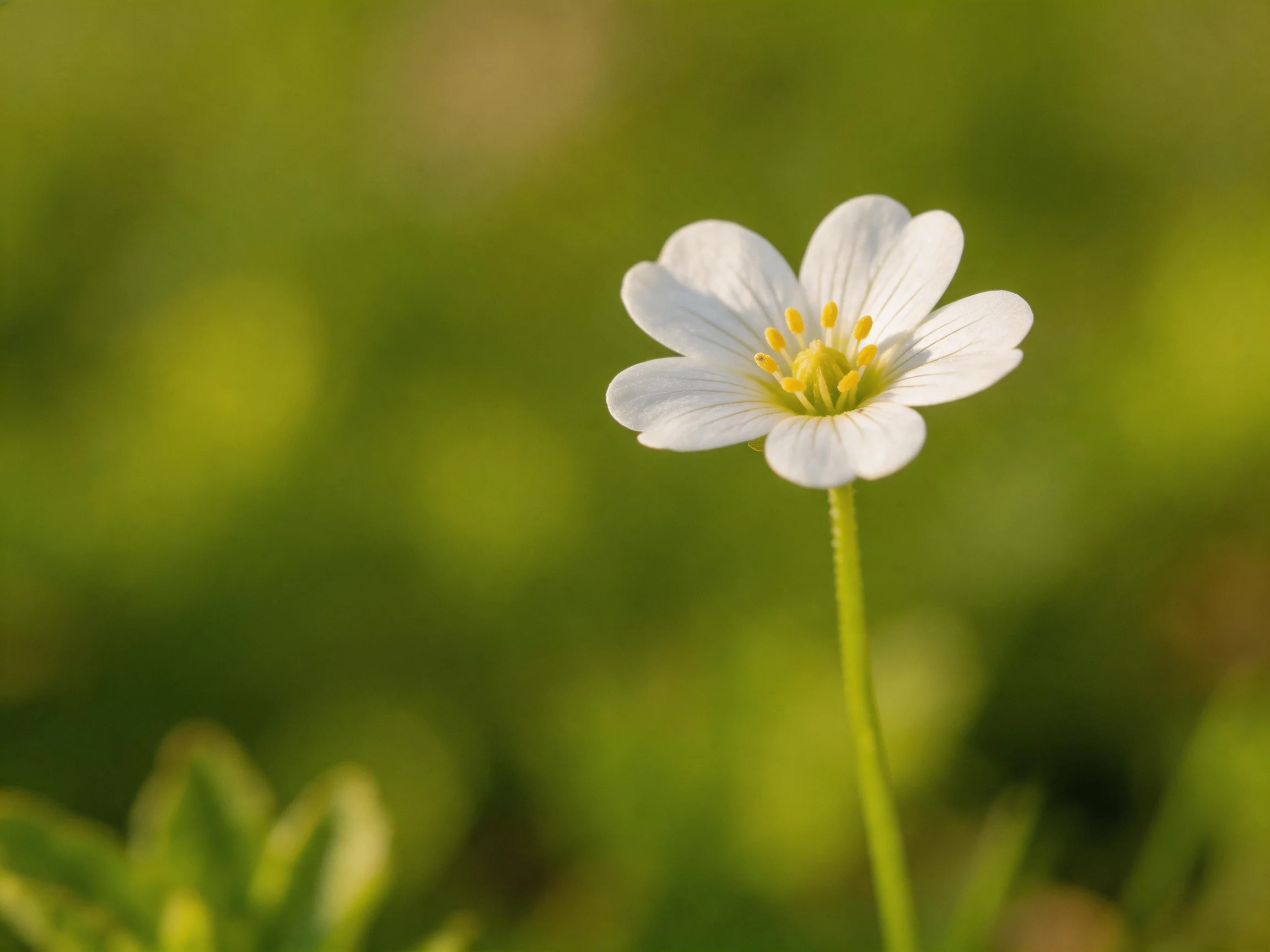 A delicate white flower with yellow center amid soft green blur