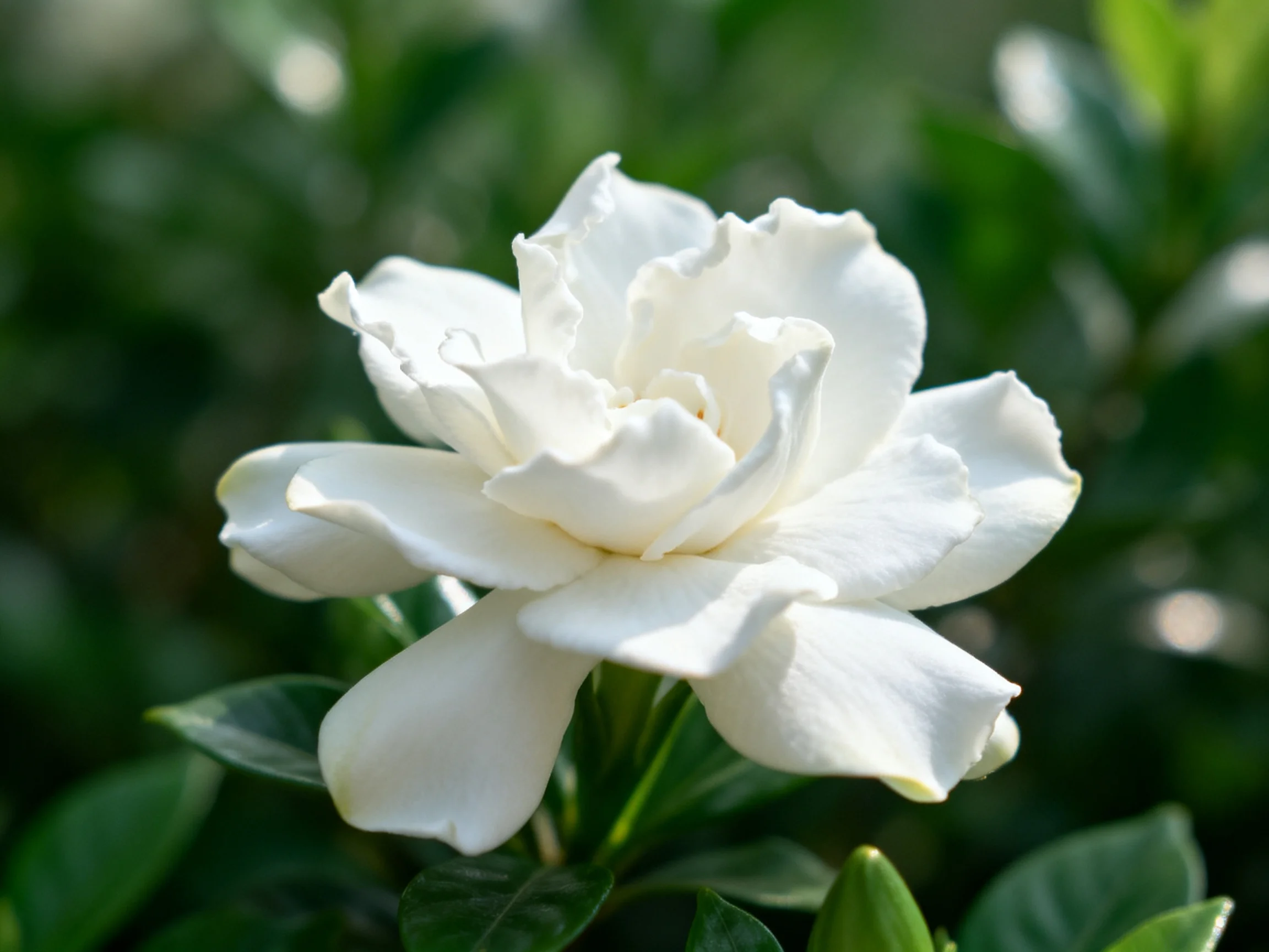 A delicate white gardenia blooms amidst lush green foliage