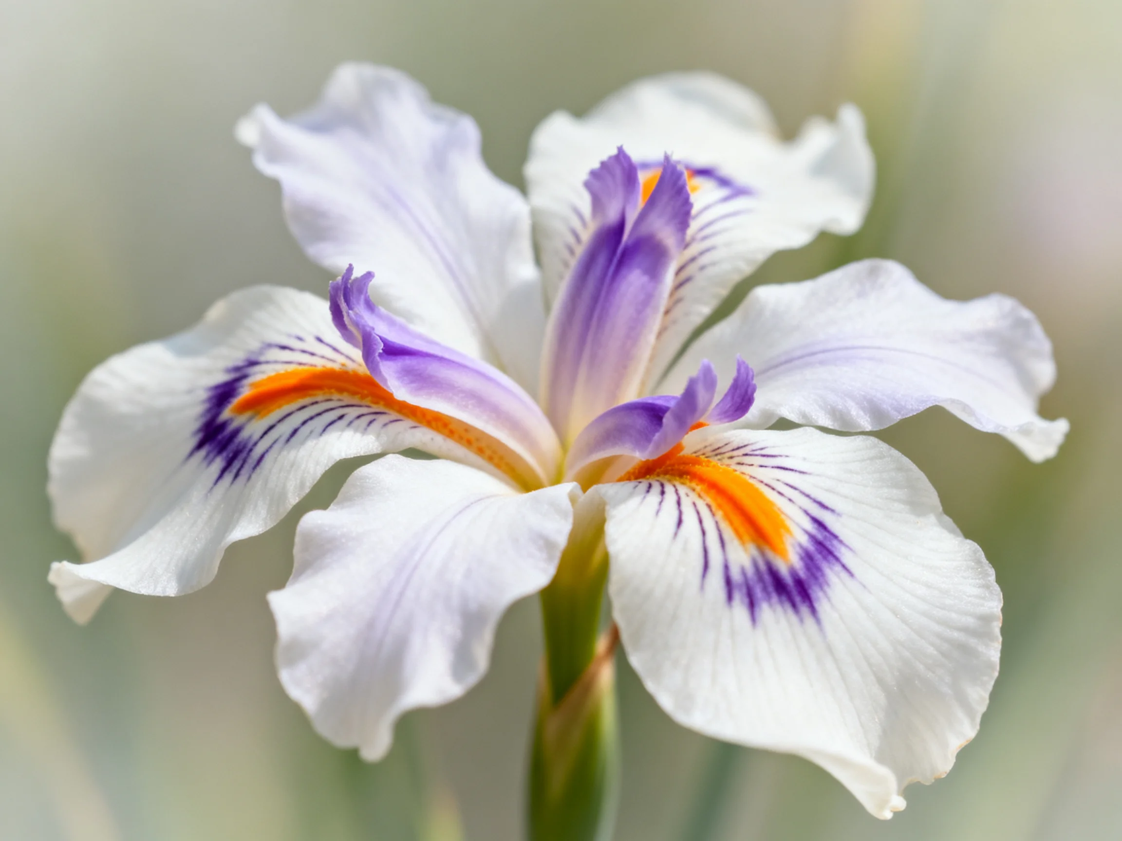 A delicate white iris with purple and orange markings
