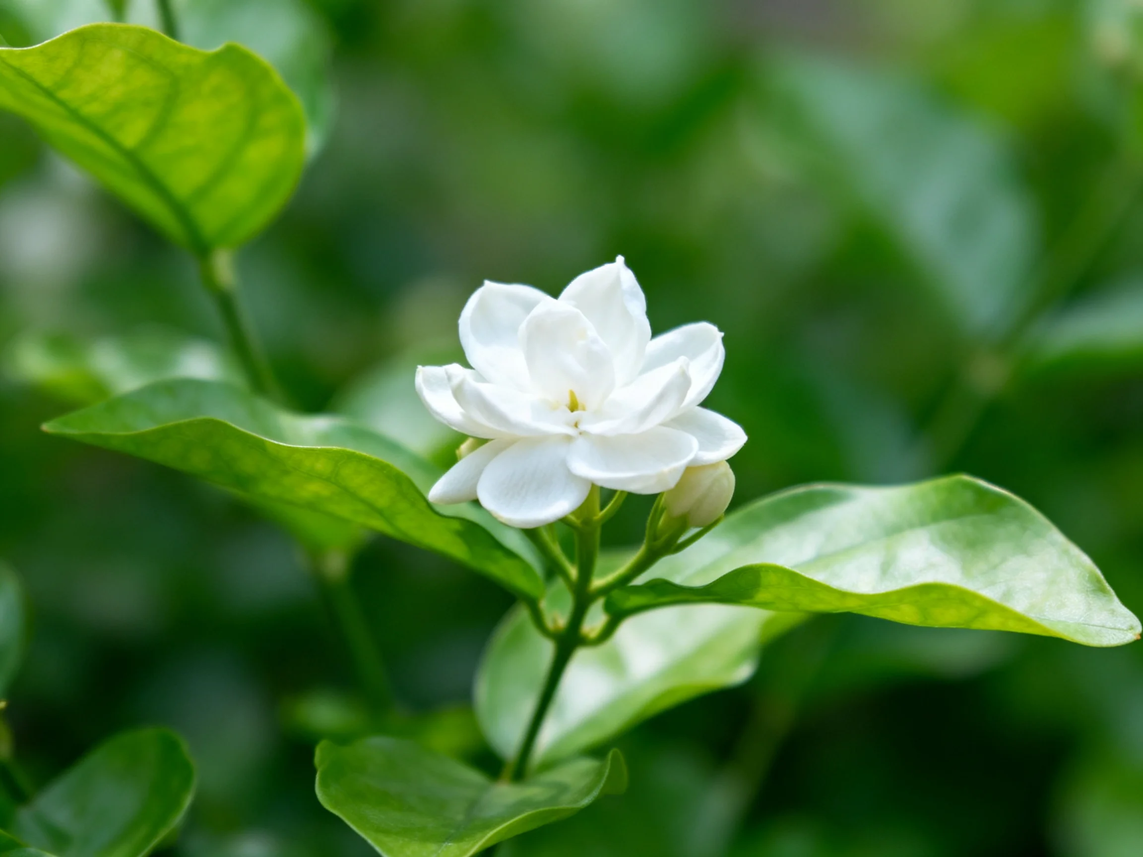 A delicate white jasmine flower amid lush green foliage