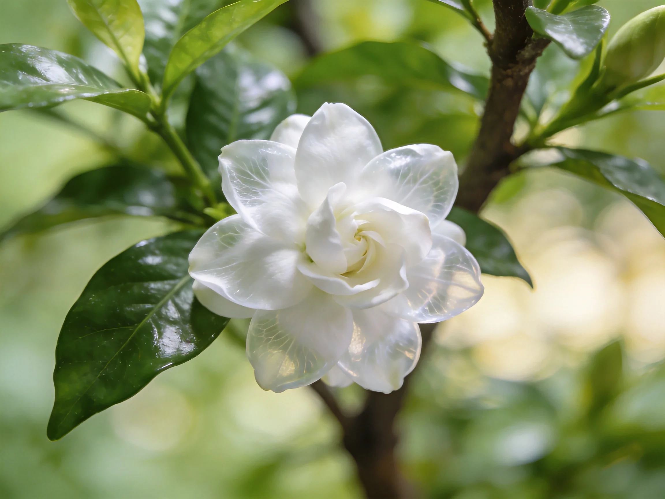 A delicate white jasmine flower with glossy green foliage