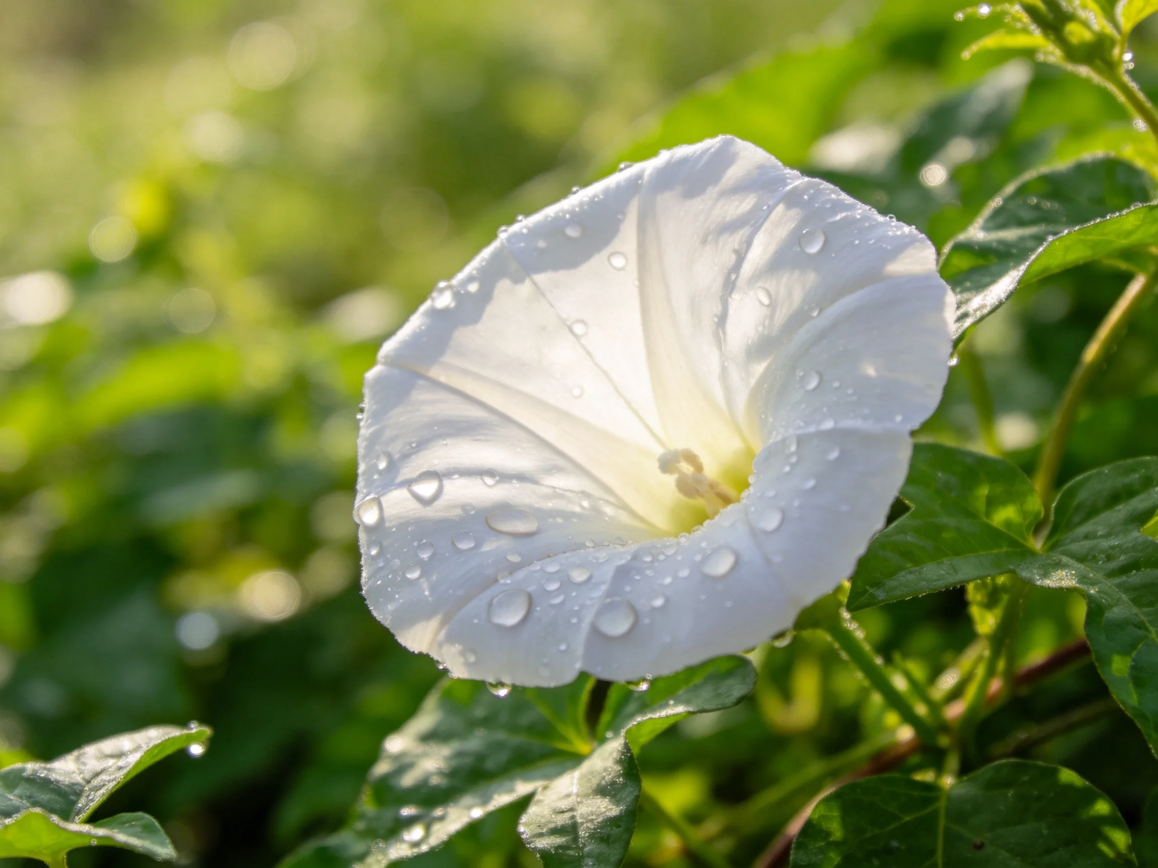A delicate white morning glory with dewdrops amidst lush greenery
