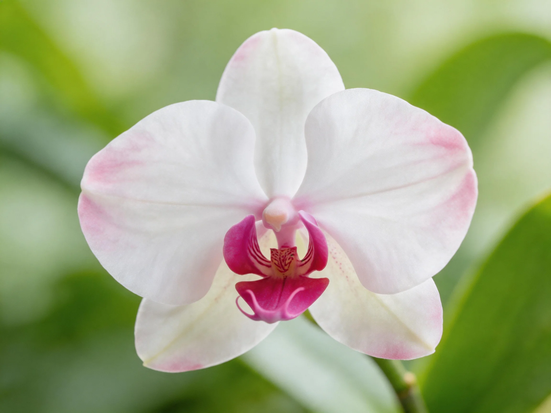 A delicate white orchid with pink - accented petals and magenta center