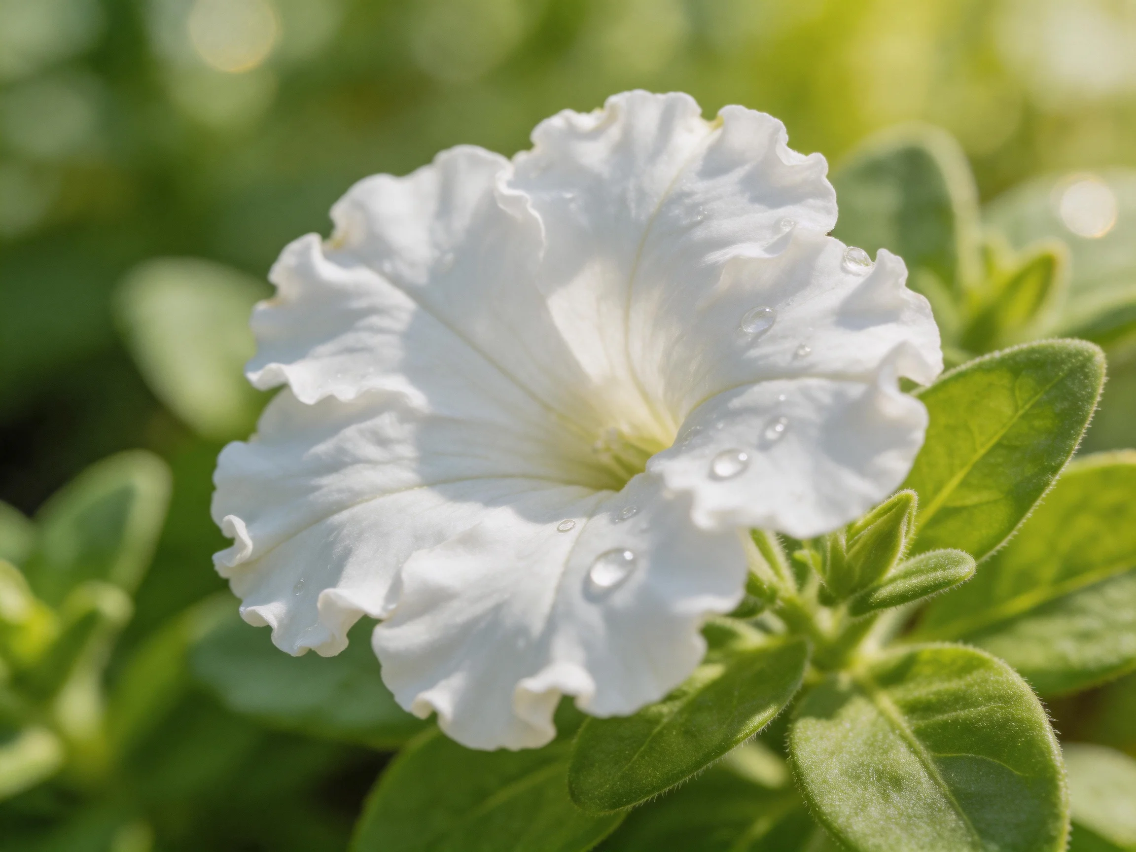 A delicate white petunia with water droplets amidst lush green foliage