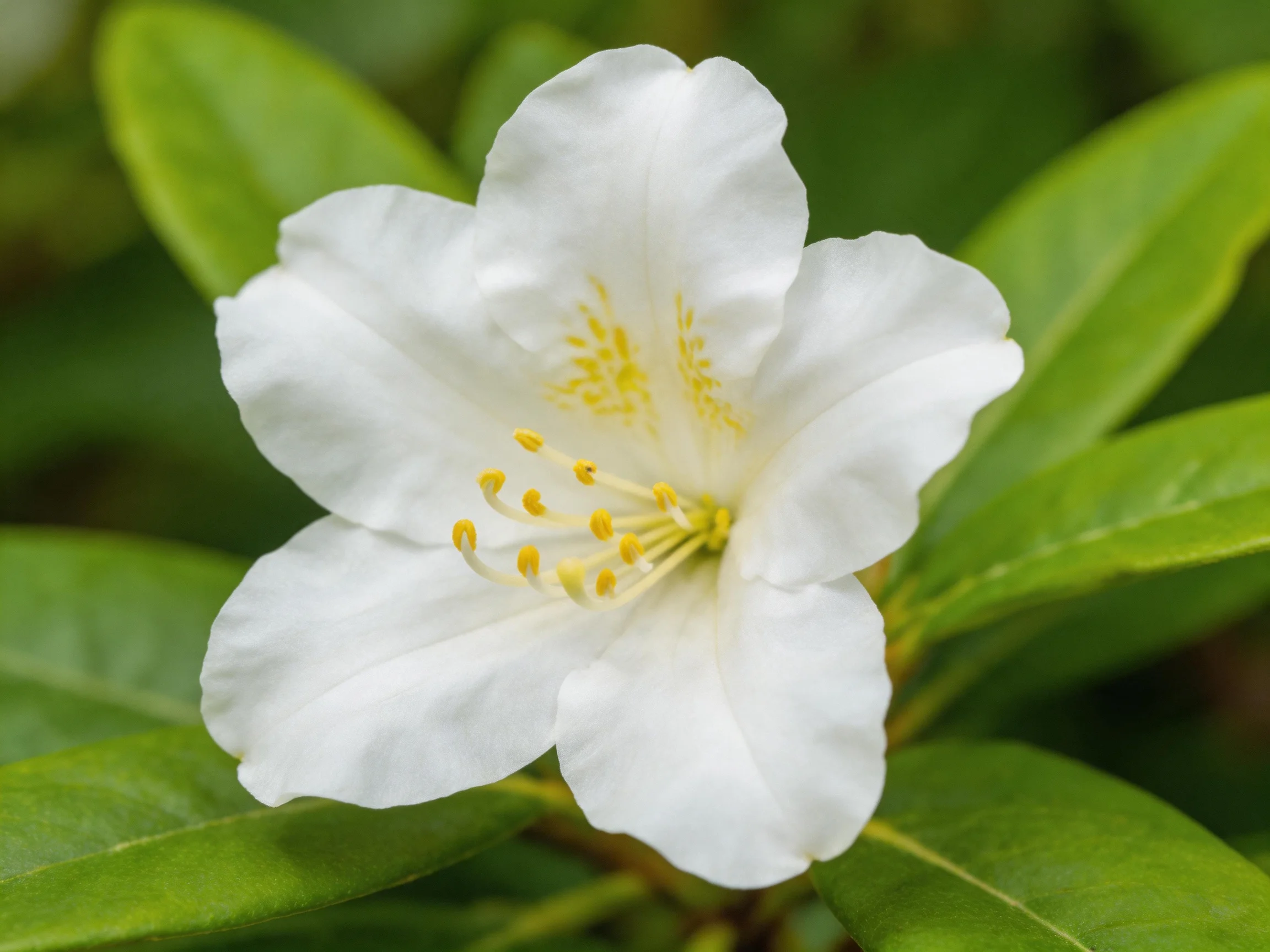 A delicate white rhododendron flower with lush green foliage