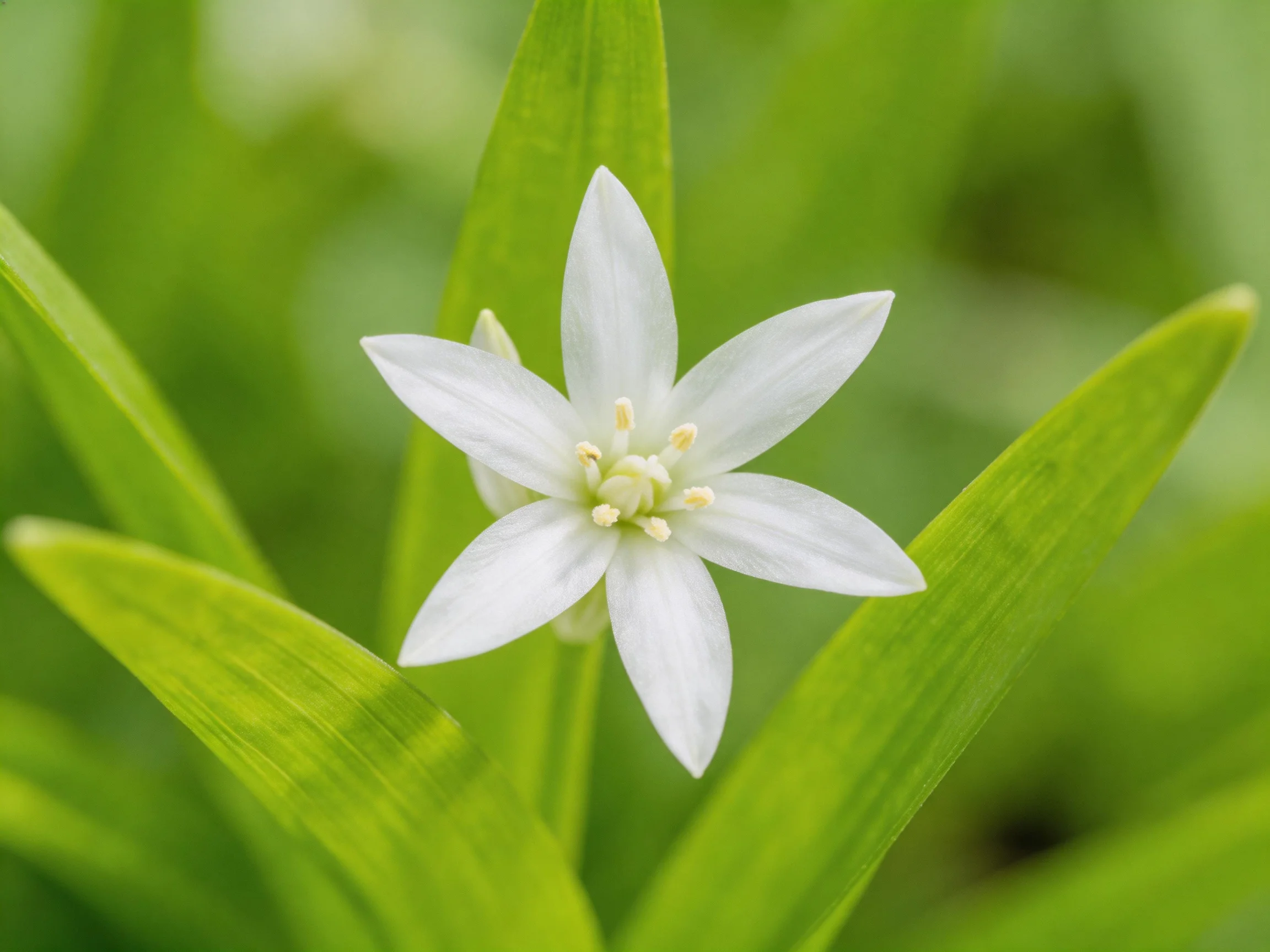 A delicate white starflower blooms amid vibrant green foliage