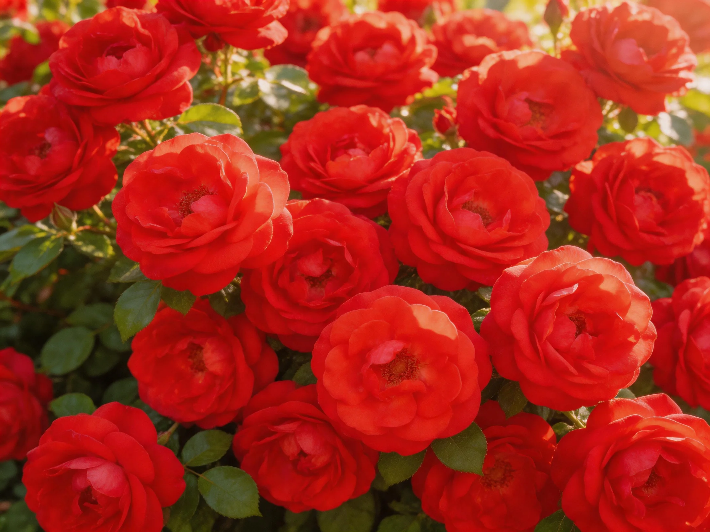 A dense cluster of vibrant red roses with lush green foliage