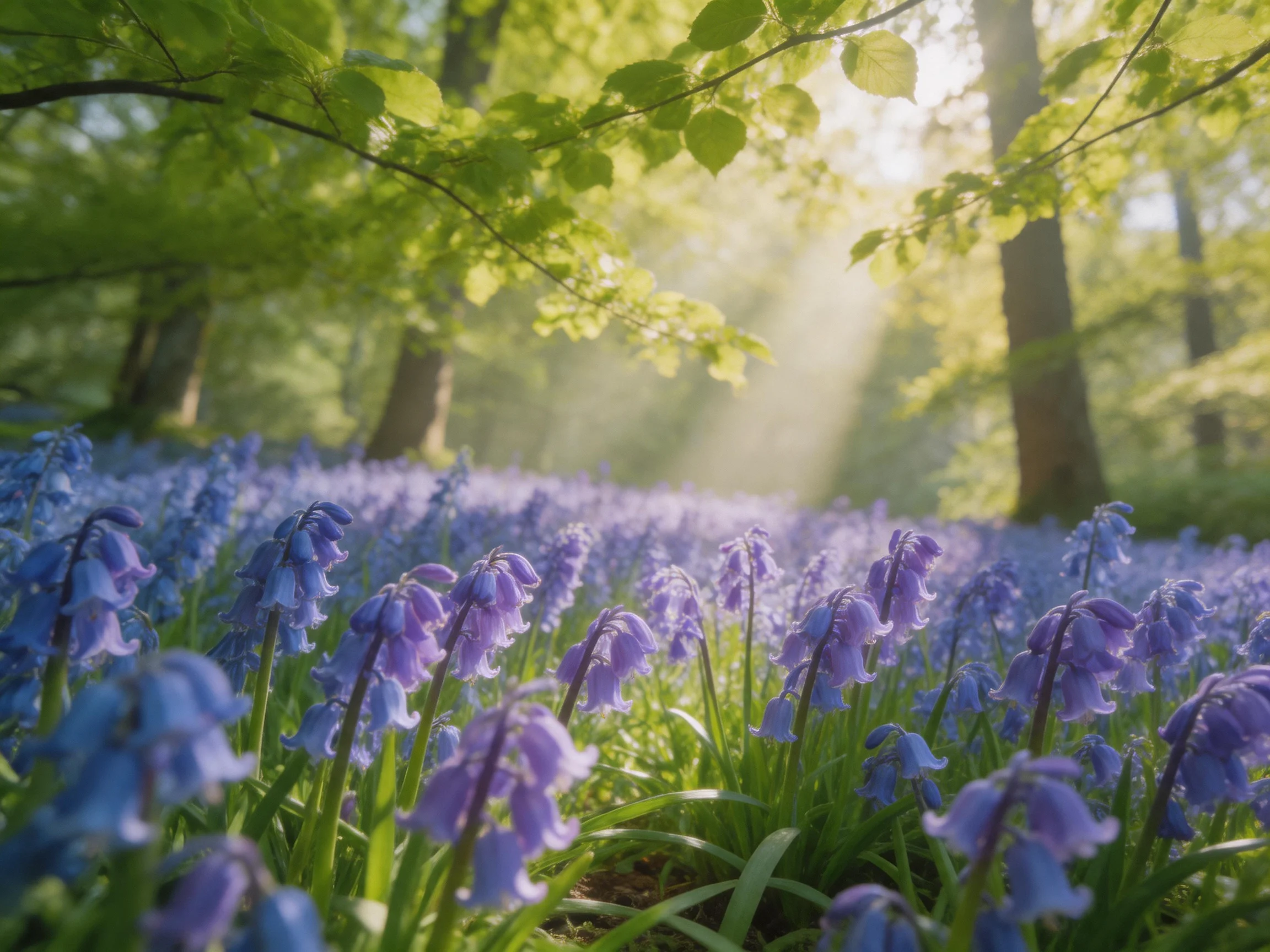 A dense field of purple-blue flowers in a sun-dappled woodland