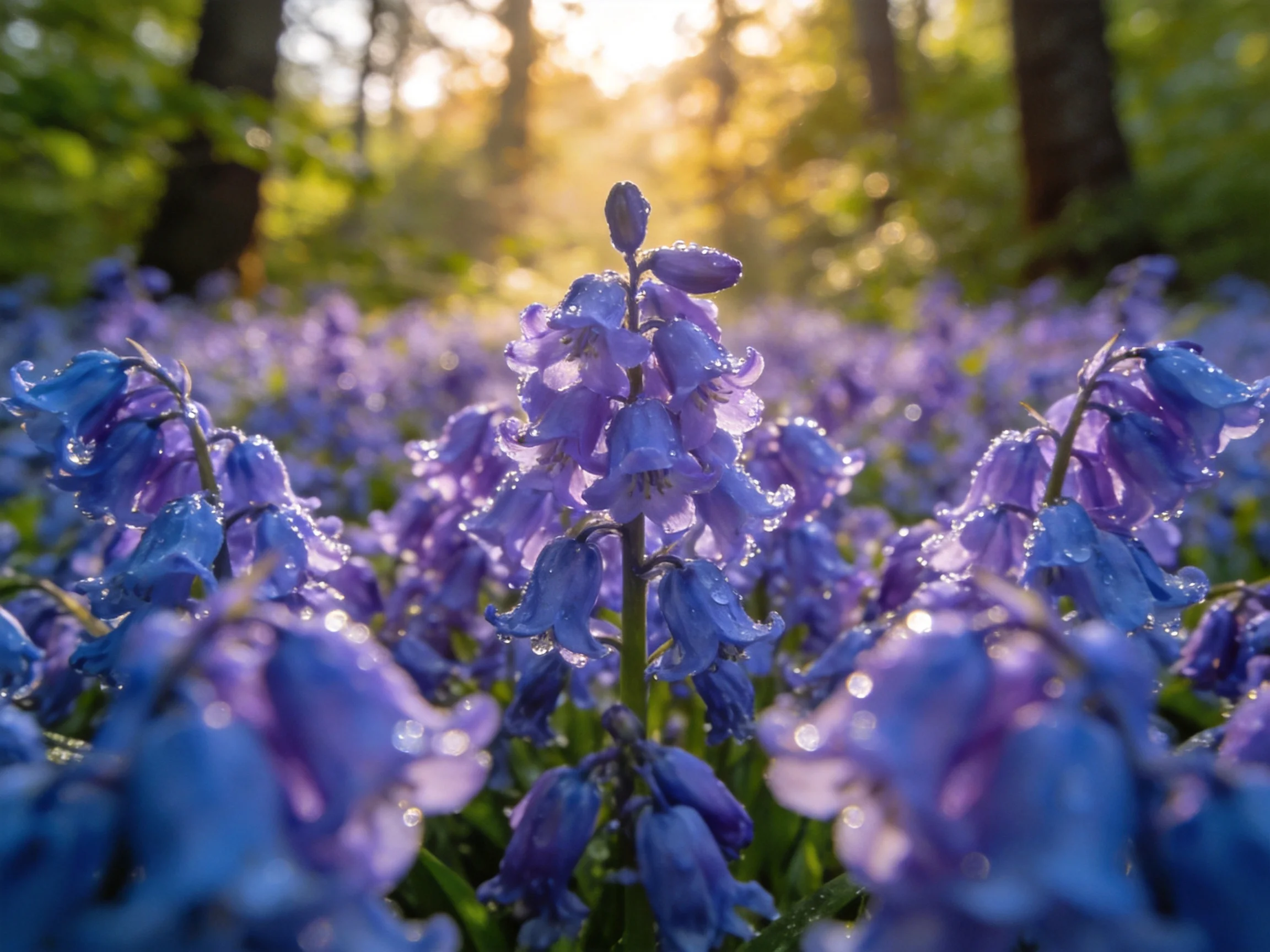 A dense field of purple-bluebell flowers in a sunlit forest glade