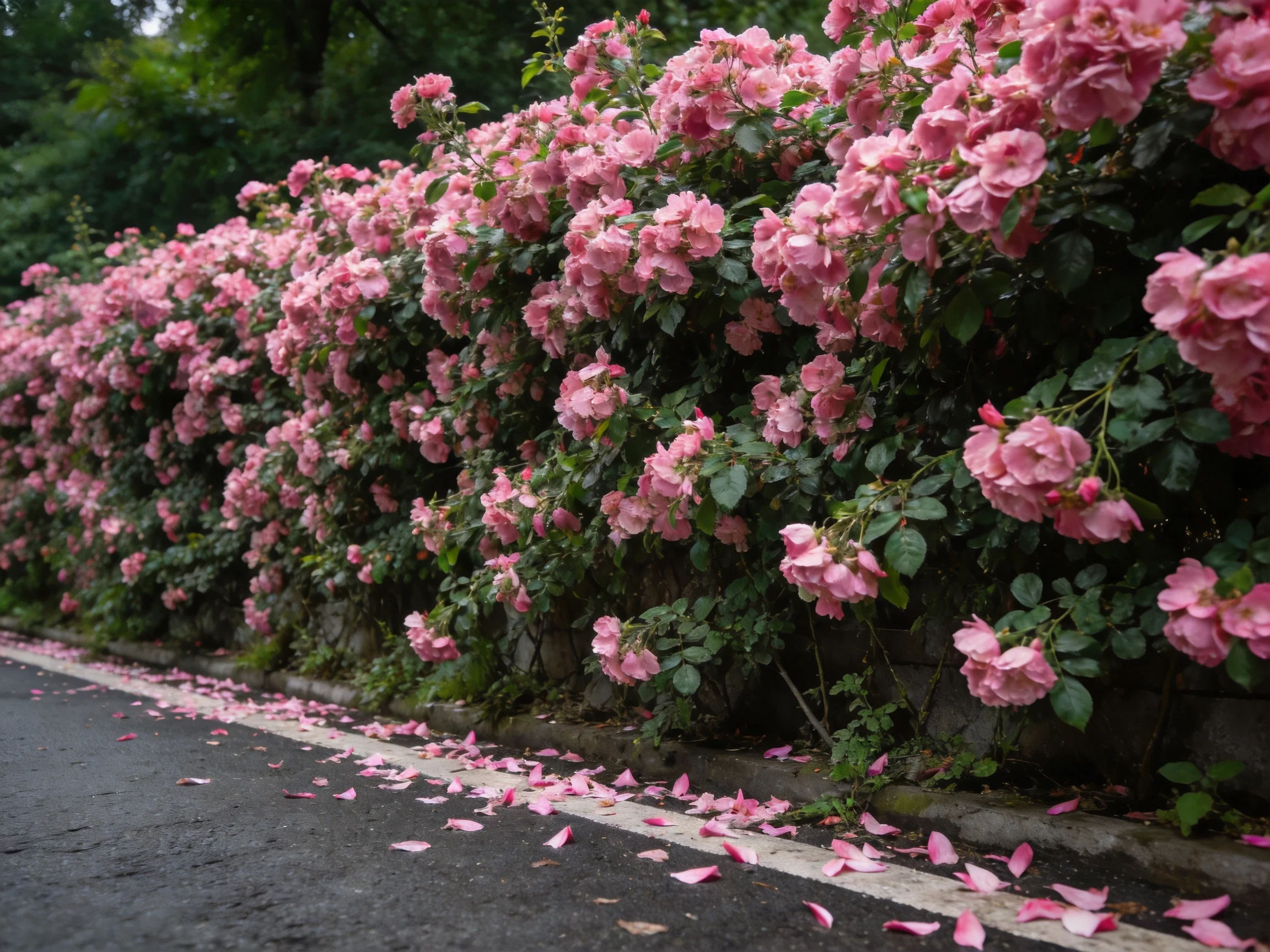 A dense pink rose hedge with scattered petals along a paved path