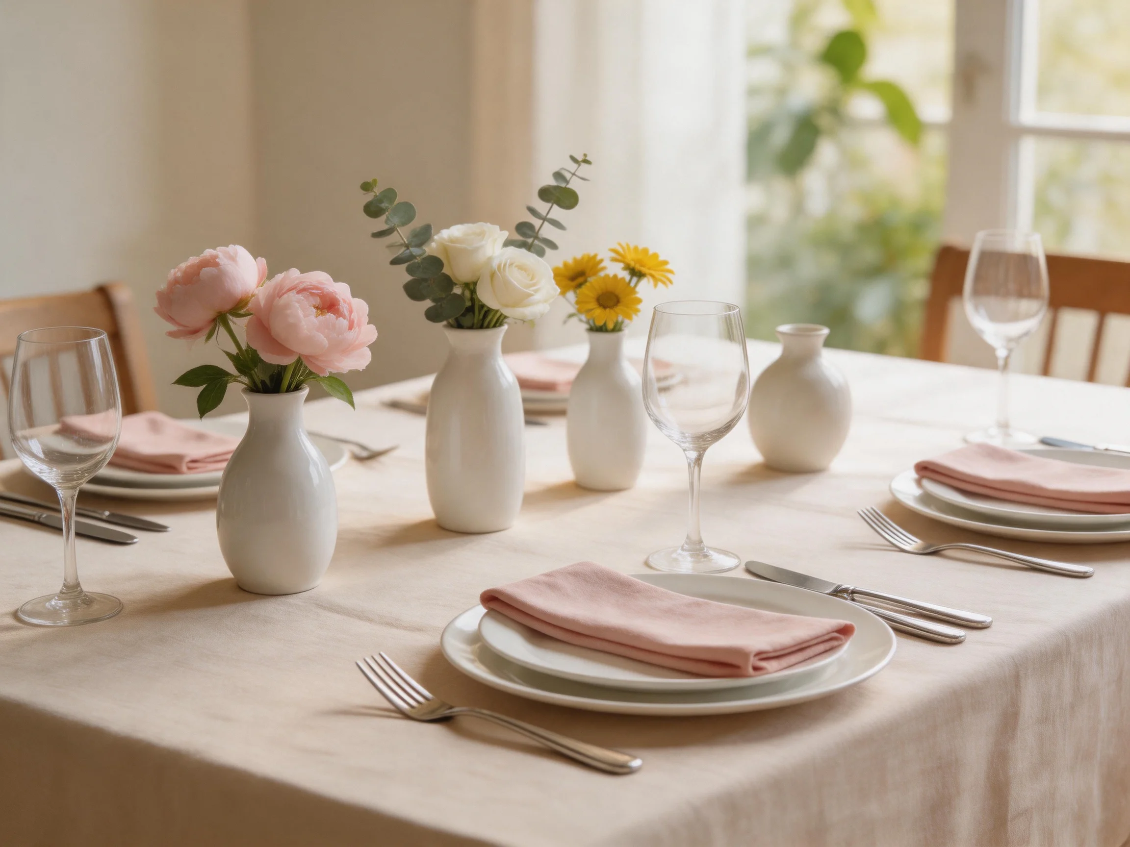 A dining table decorated with pastel flowers and white vases