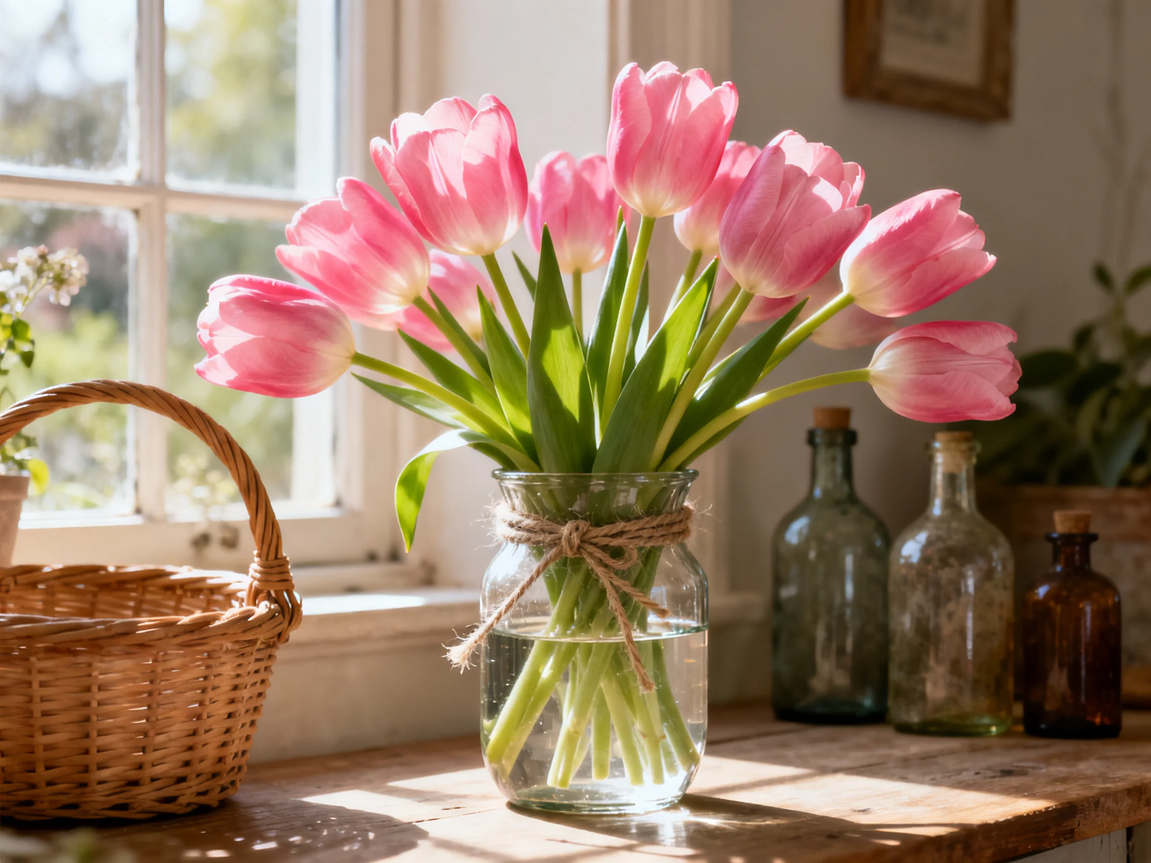 A dozen pink tulips in a glass jar beside a sunlit window