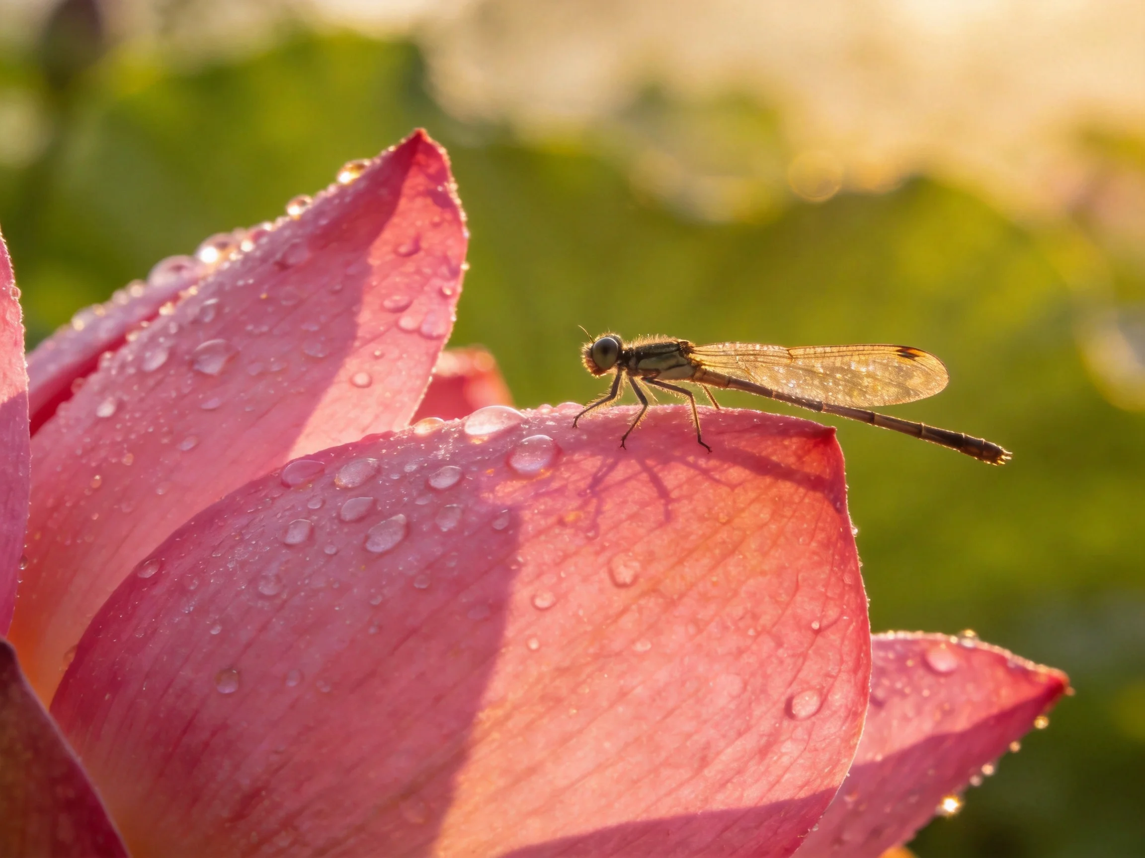 A dragonfly perches on dewy pink lotus petals under golden sunlight