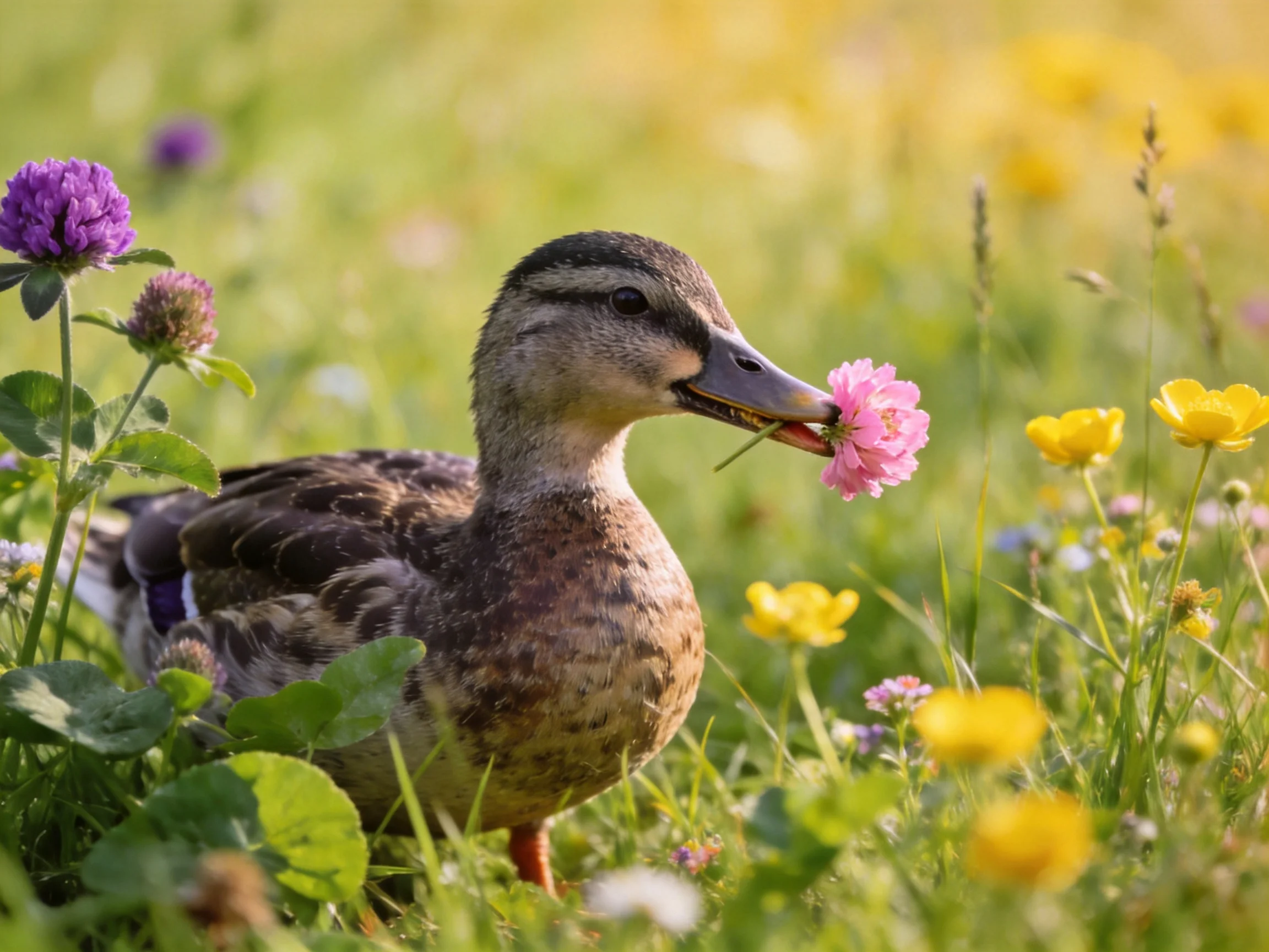 A duck nibbling pink flower amid vibrant wildflowers in a sunlit meadow