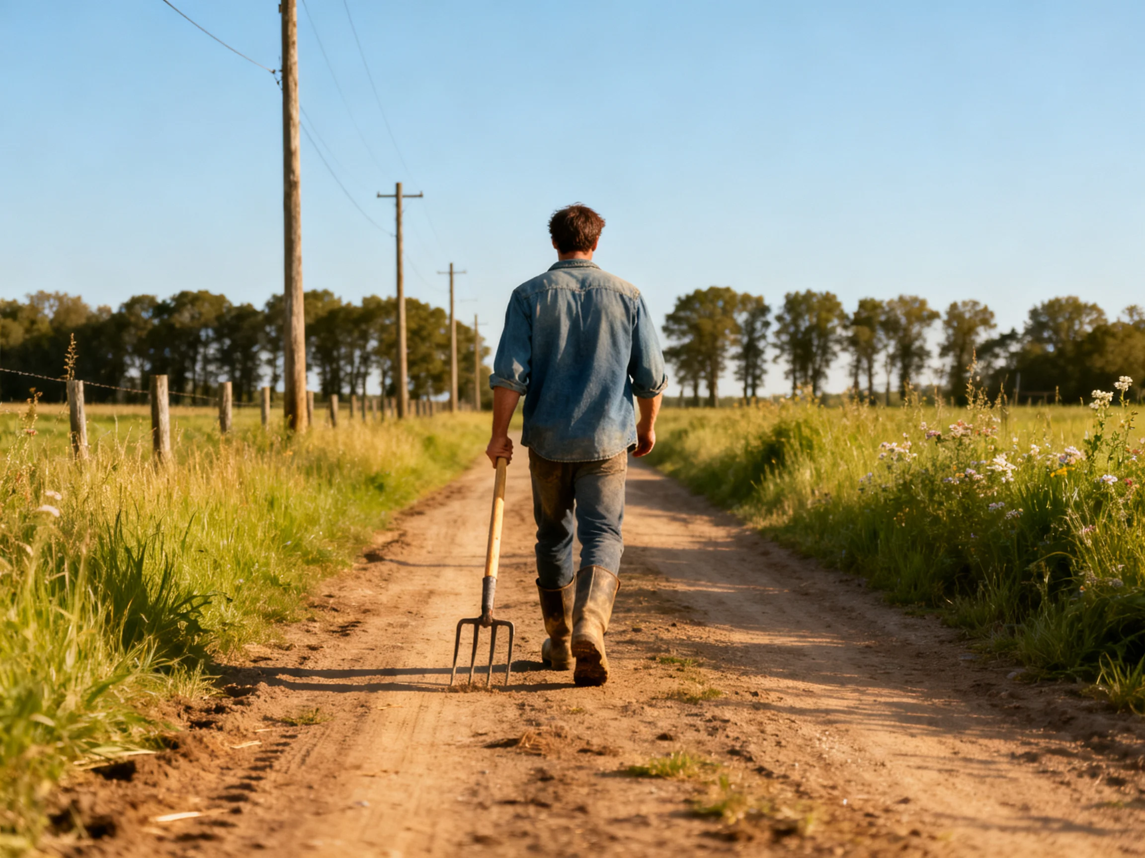A farmer walks down a dusty country road with a pitchfork