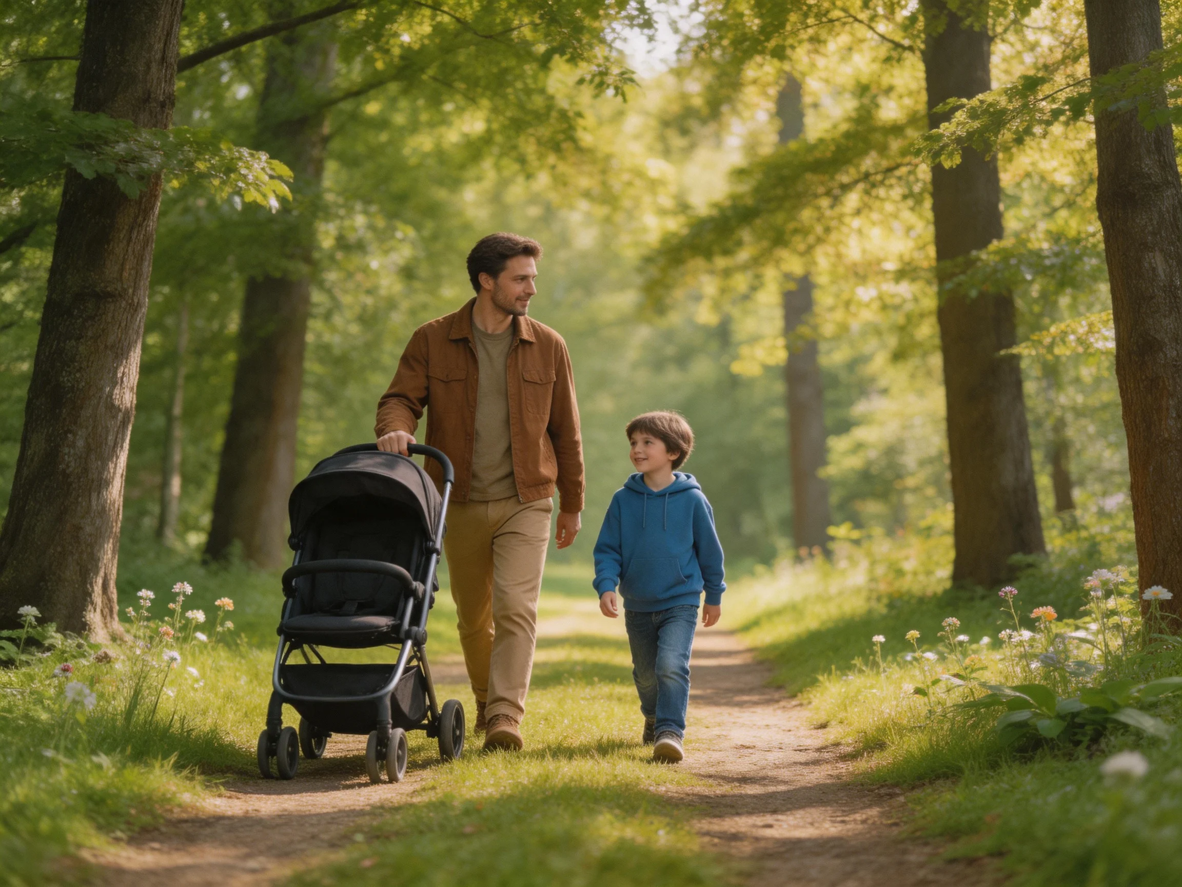 A father and son walk a forest path with a black stroller