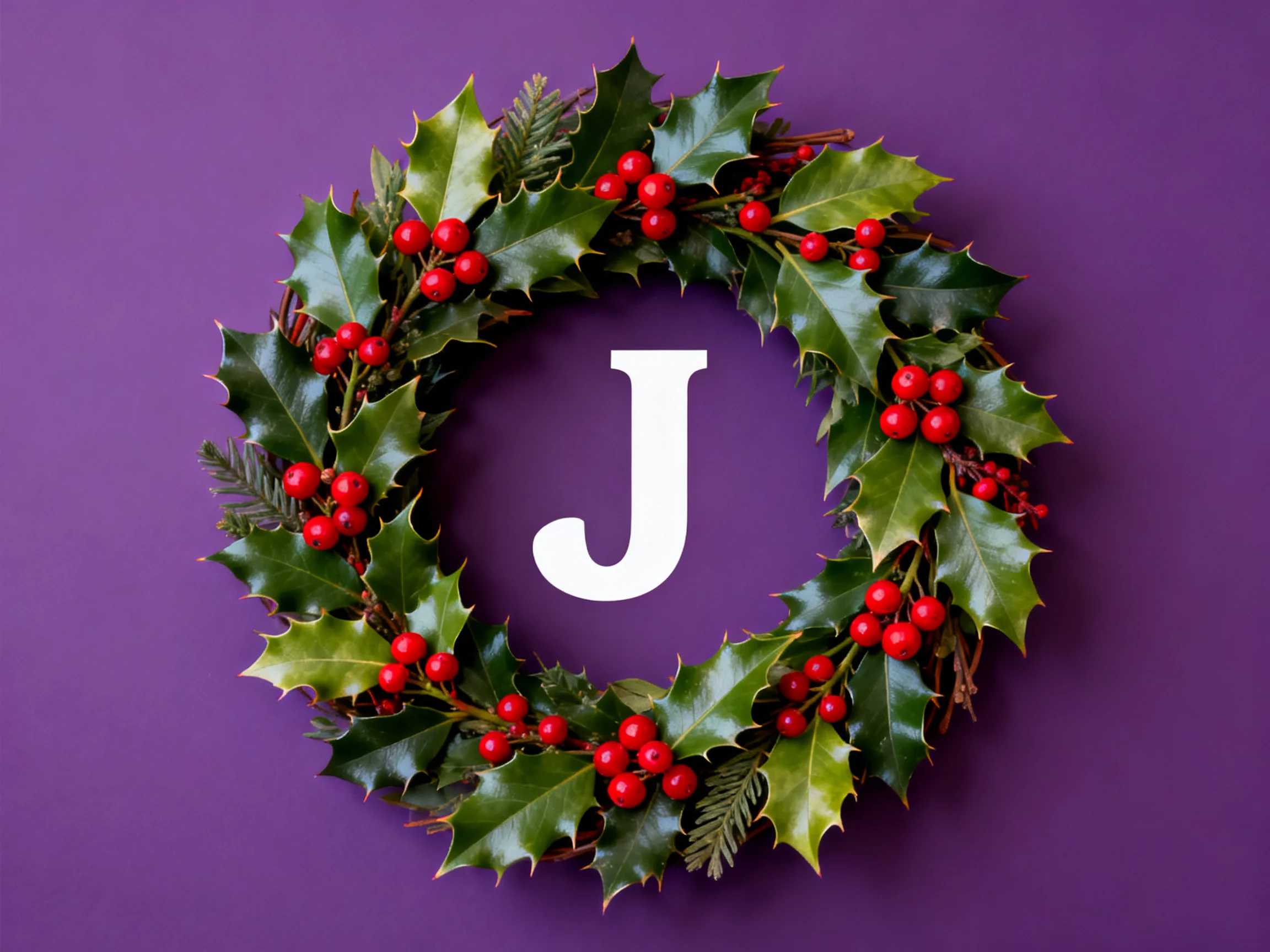 A festive holly berry wreath with white J on deep purple backdrop