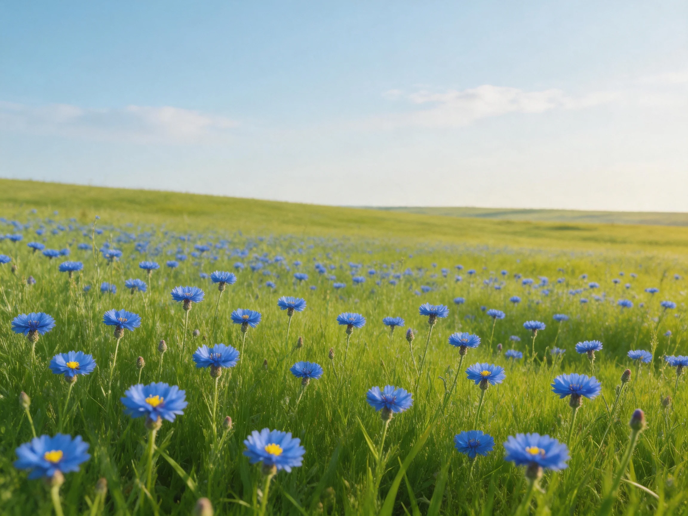 A field of blue flowers spans a green meadow with rolling hills