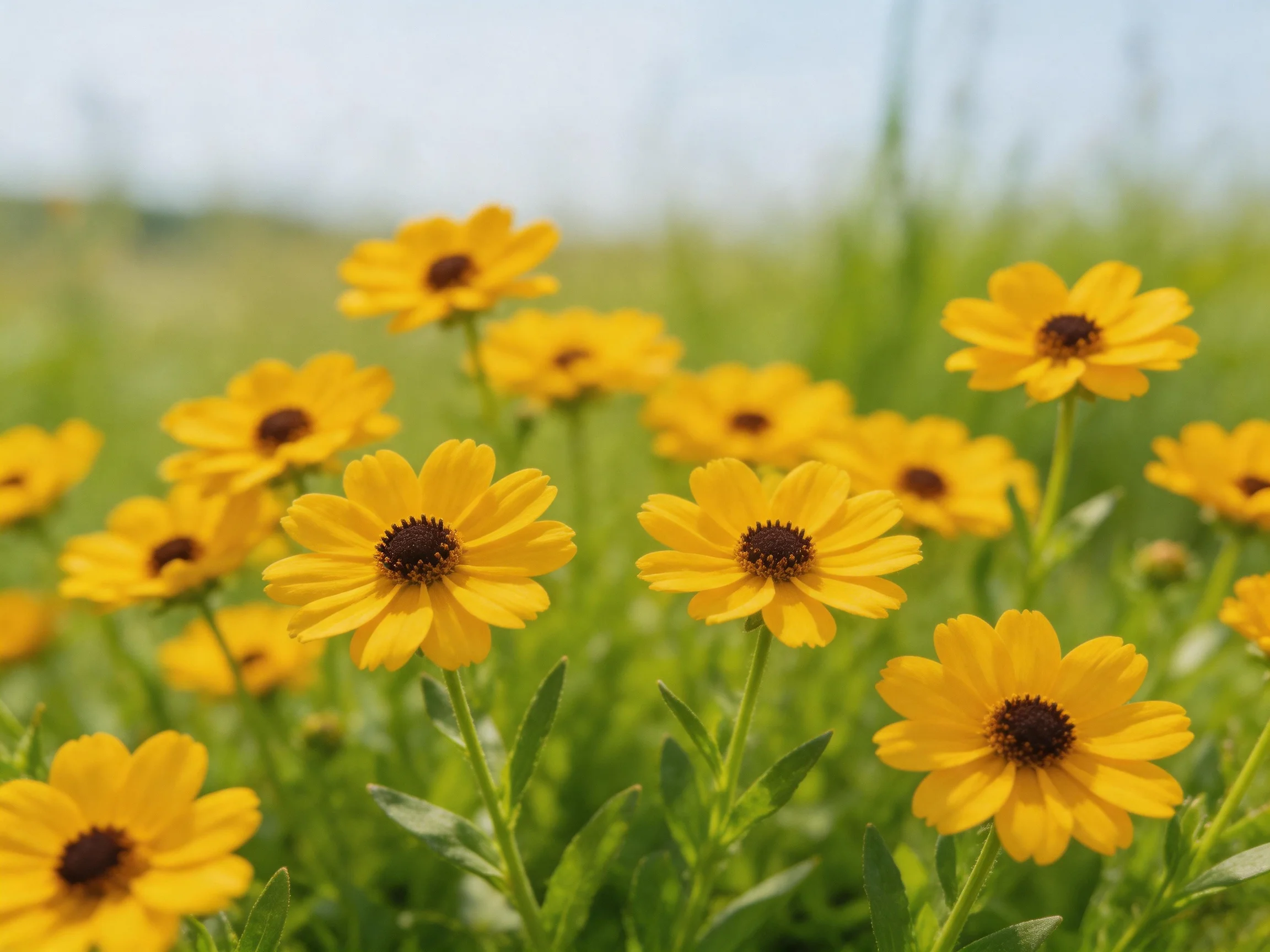 A field of bright yellow wildflowers with dark centers