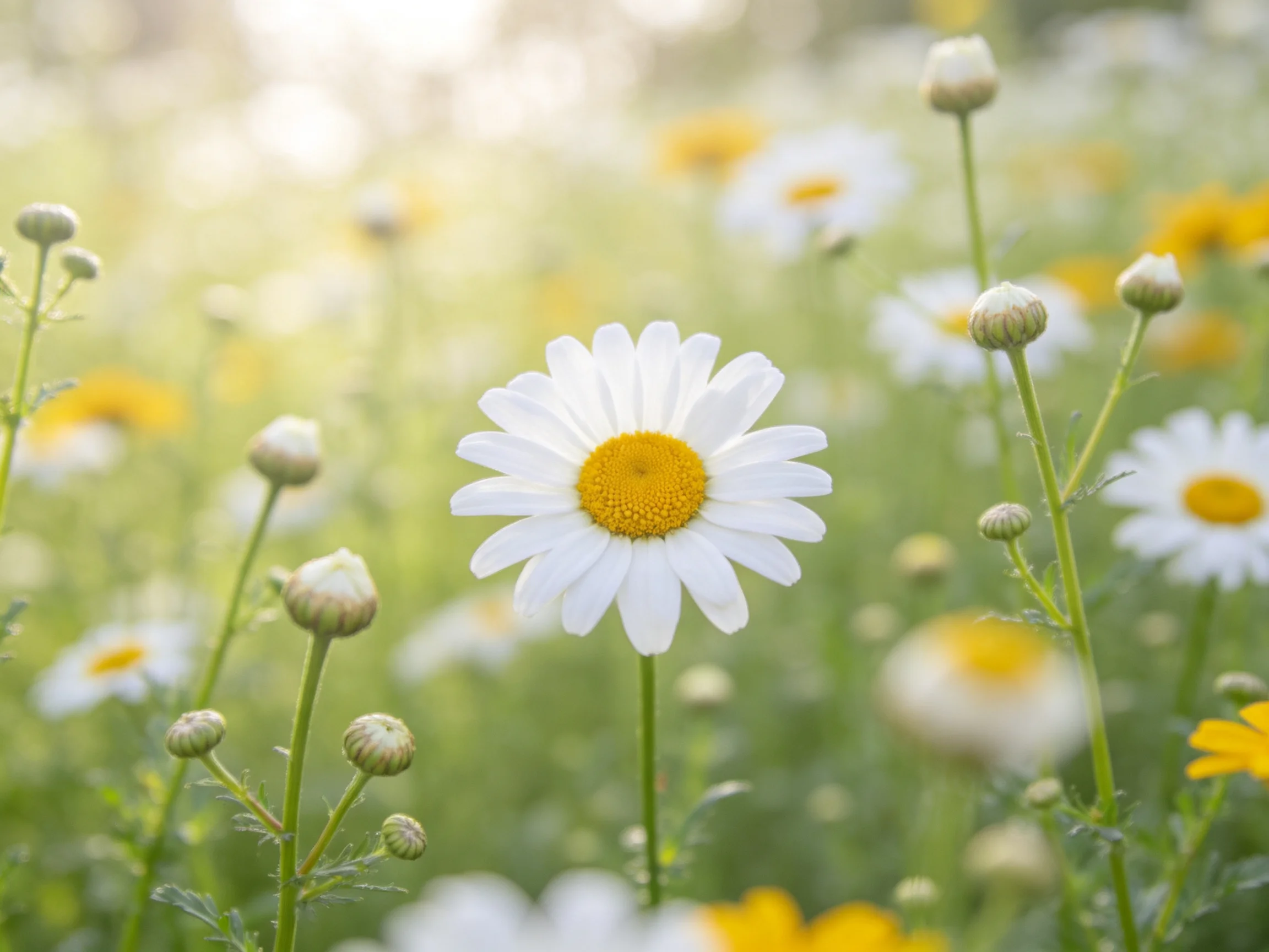 A field of daisies with white petals and yellow centers