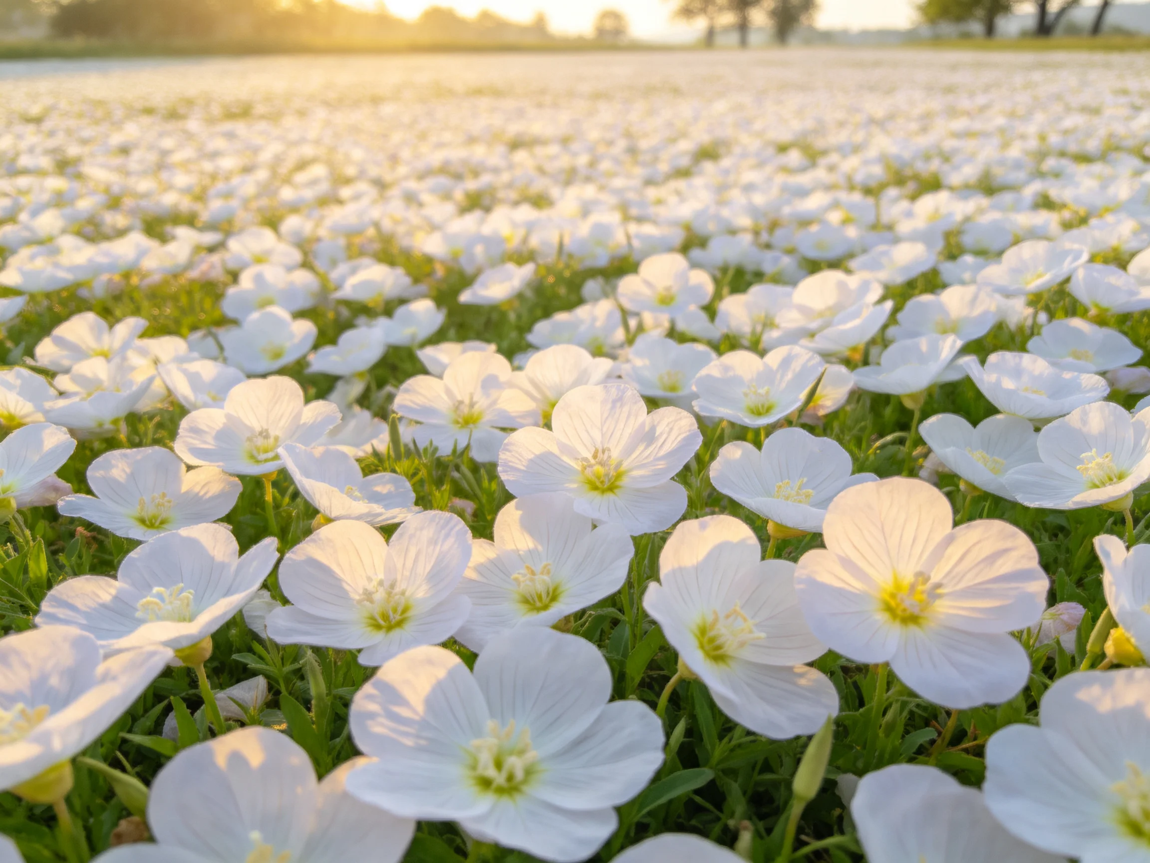 A field of delicate white flowers bathed in golden sunlight