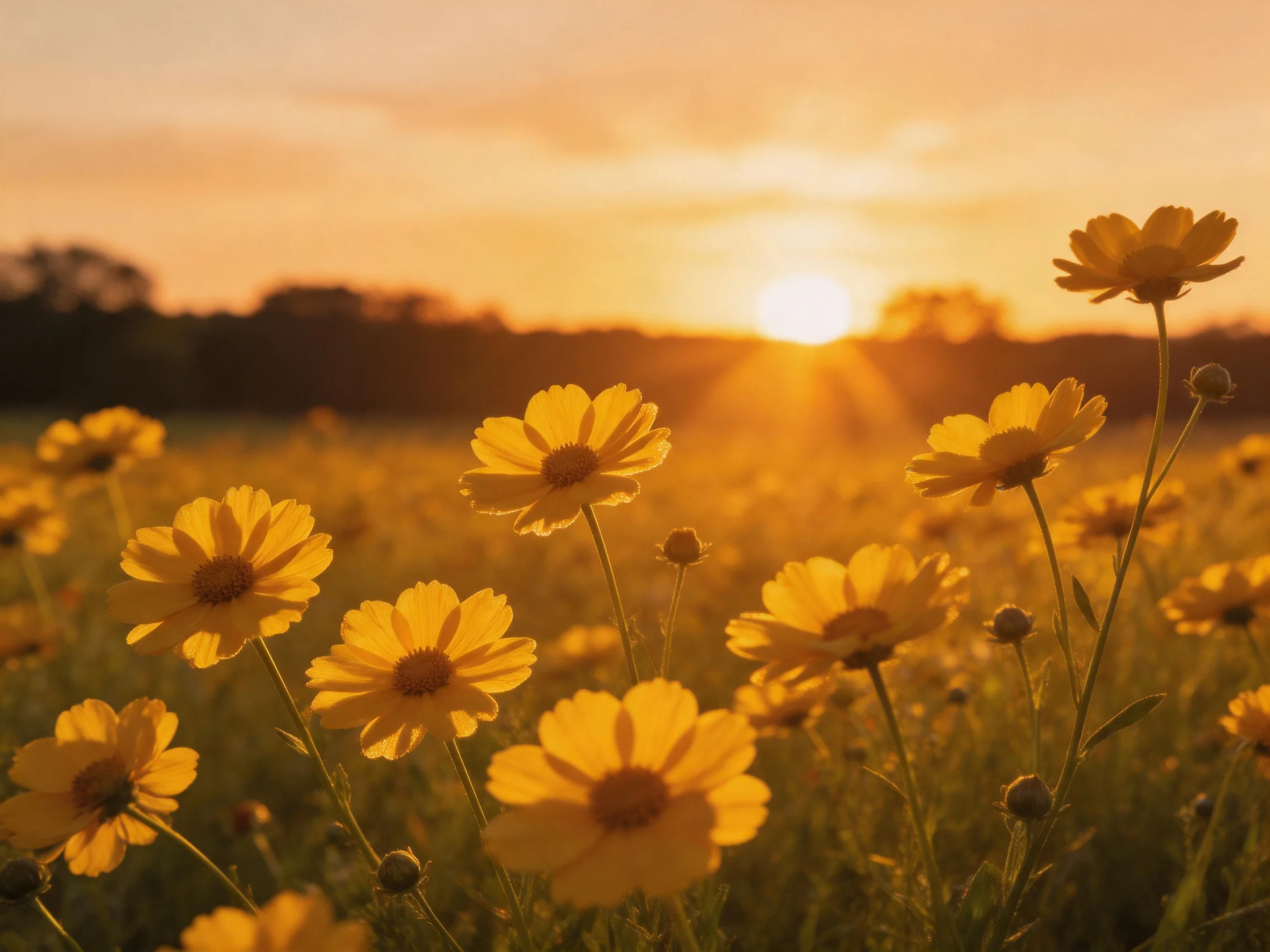 A field of golden - yellow wildflowers bathed in warm sunset glow