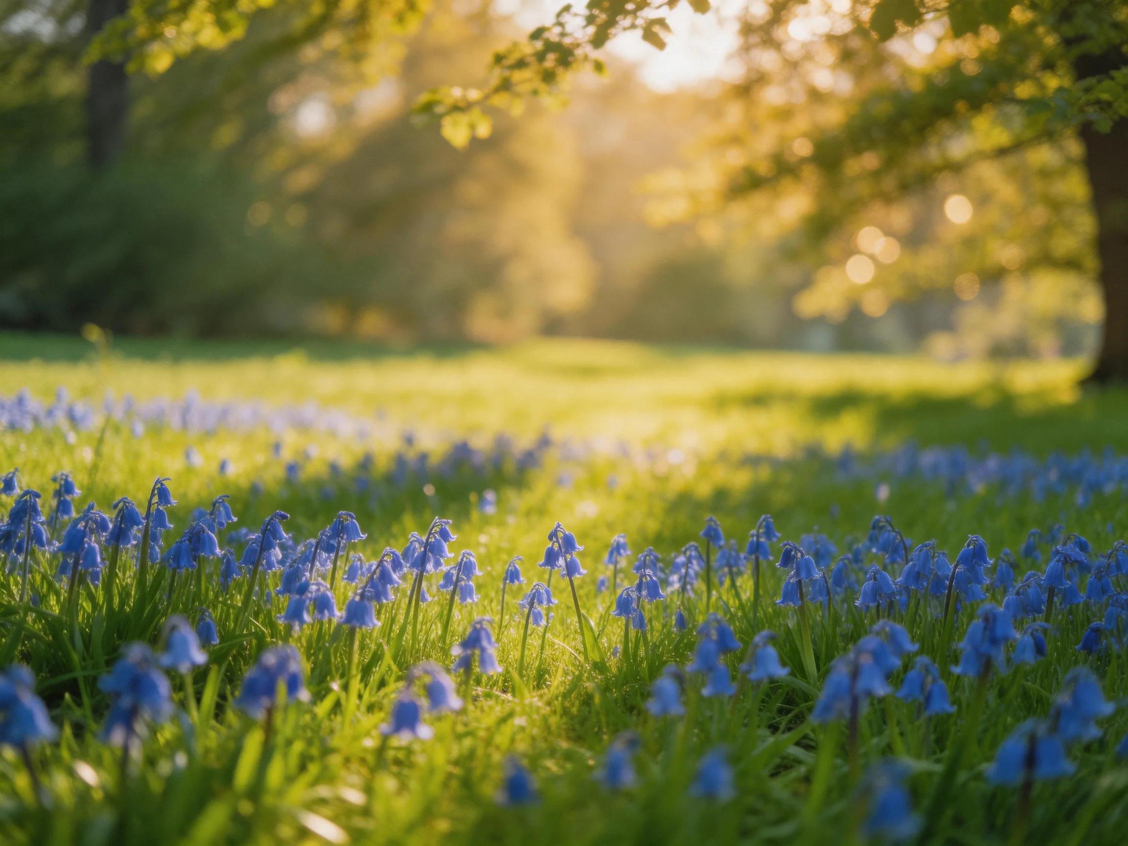 A field of numerous bluebell flowers illuminated by warm sunlight among large trees