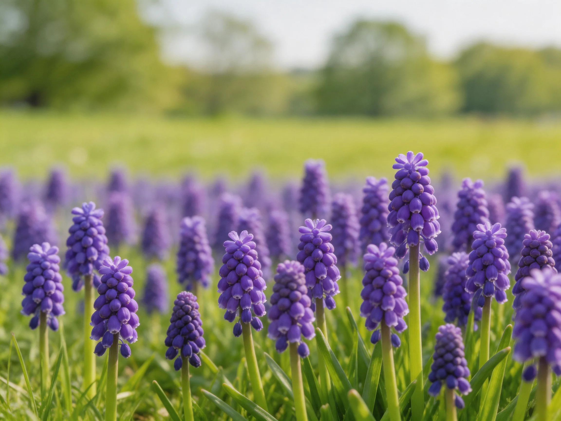 A field of numerous purple grape hyacinths flourishes under bright daylight
