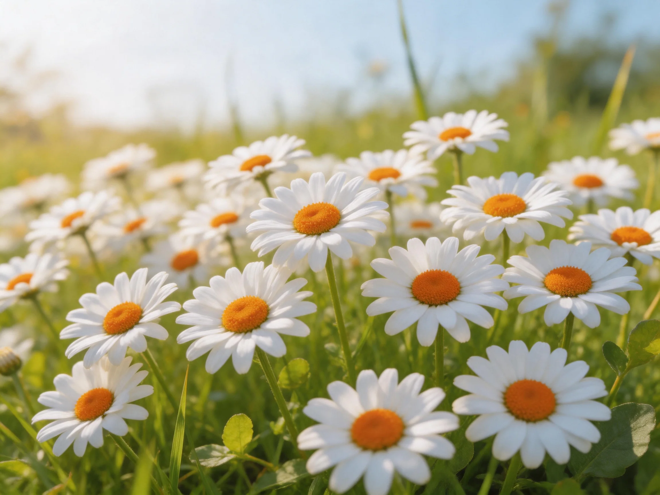 A field of numerous white daisies with bright orange centers