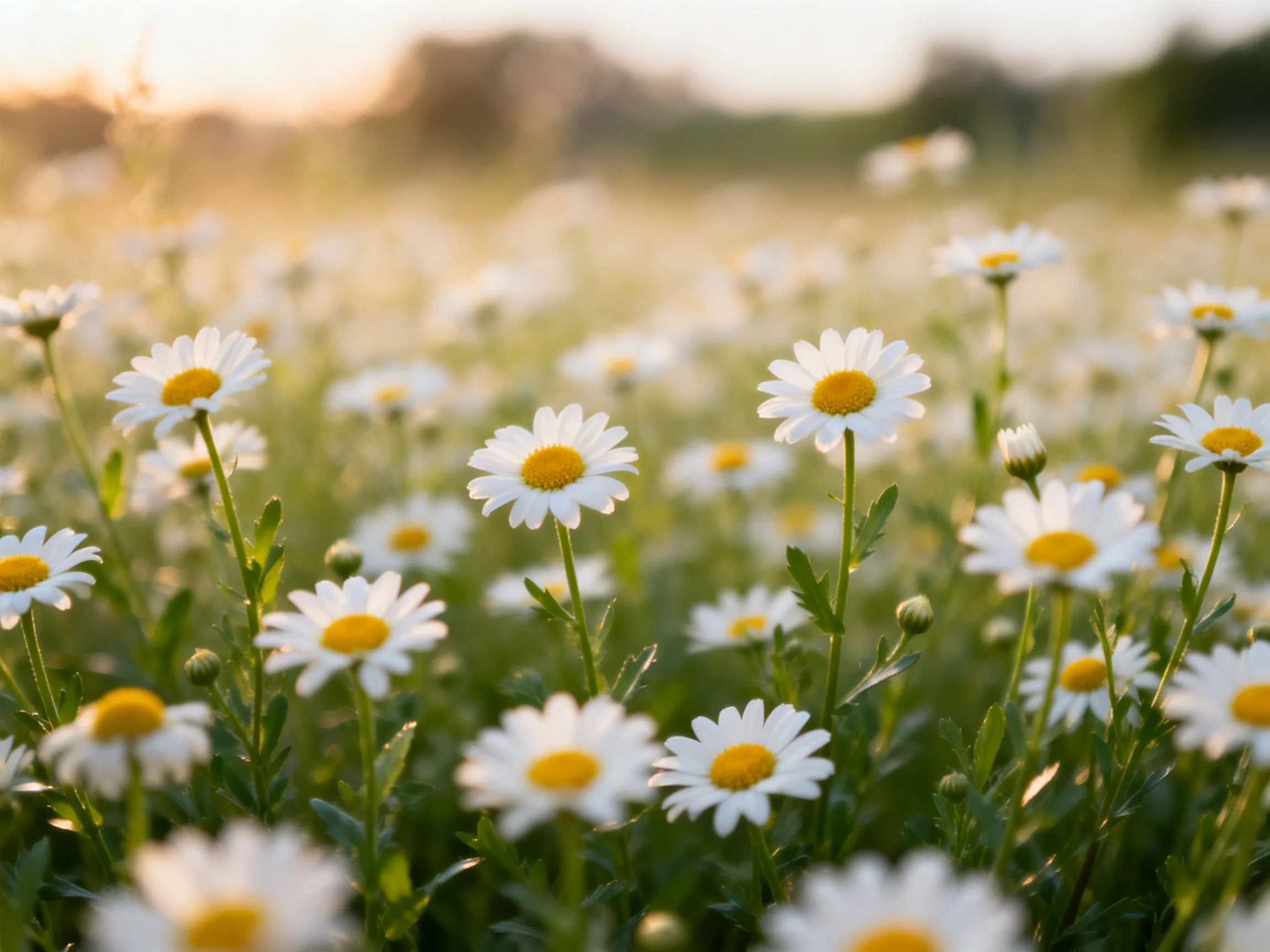 A field of numerous white daisies with bright yellow centers under soft sunlight