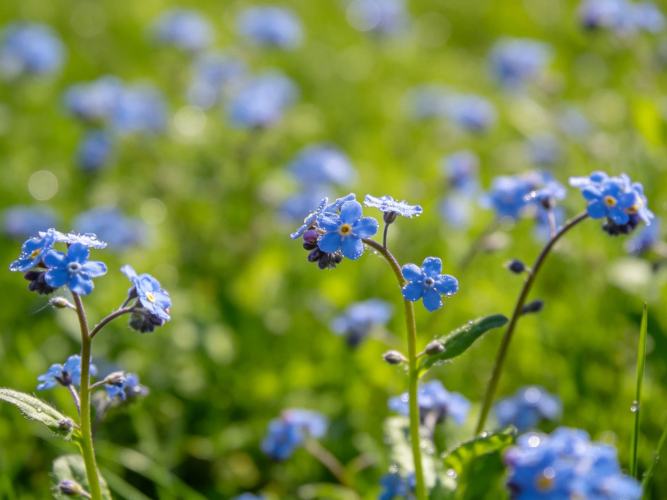 A field of small blue forget - me - not flowers amid lush greenery