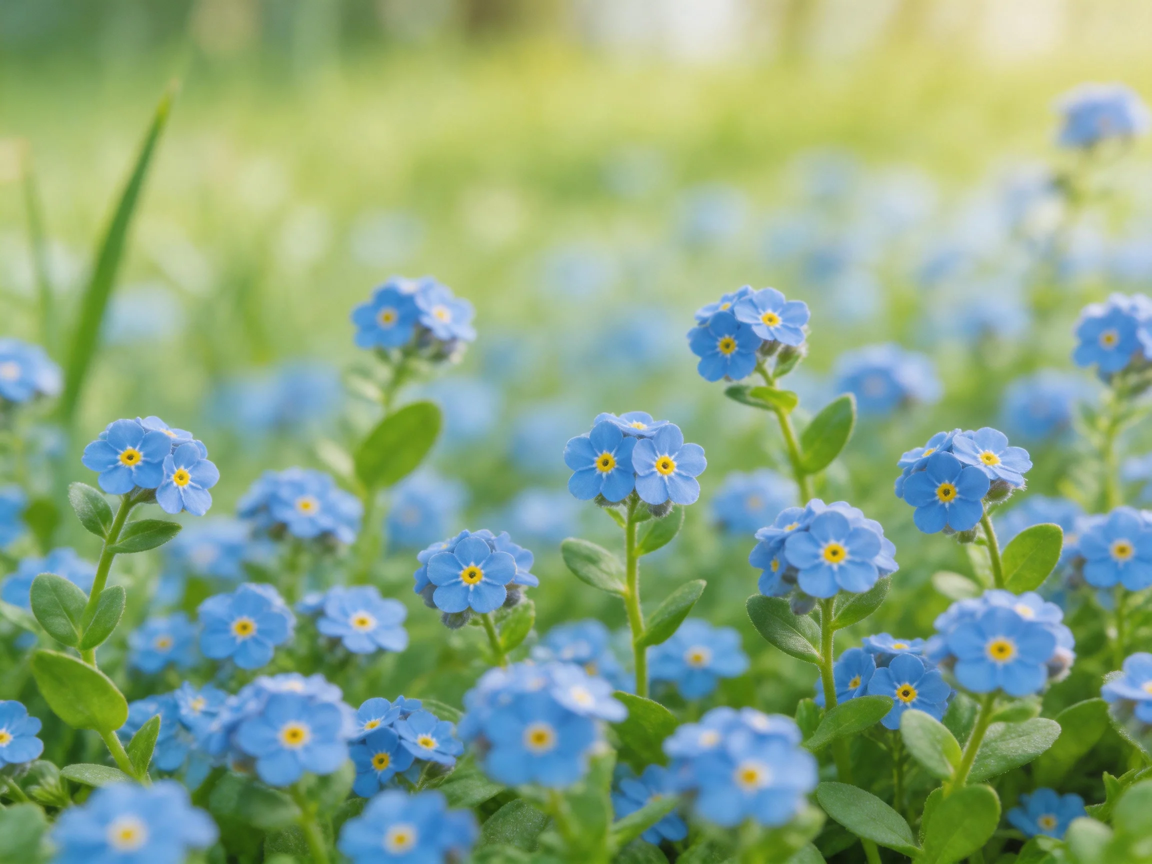 A field of small blue forget - me - not flowers surrounded by lush green foliage