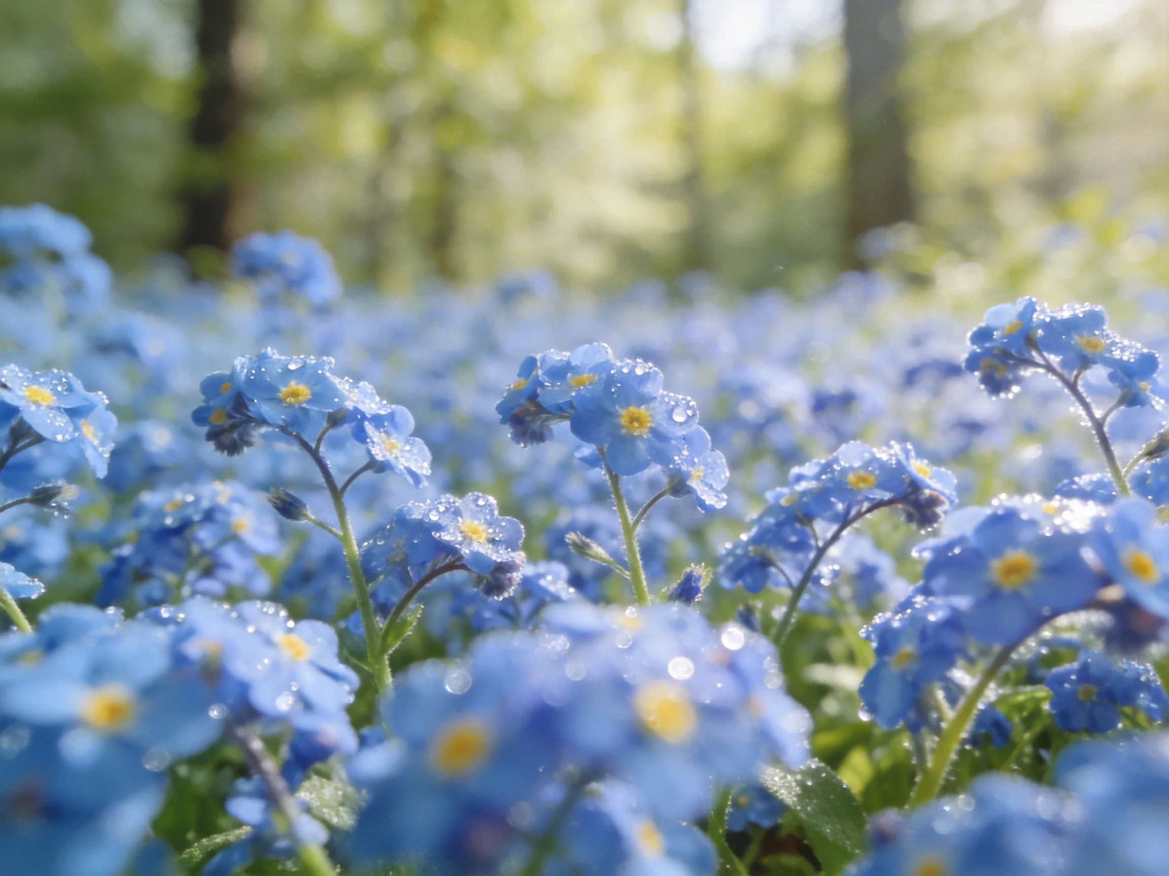 A field of small blue forget - me - nots with dew drops in a sunlit forest