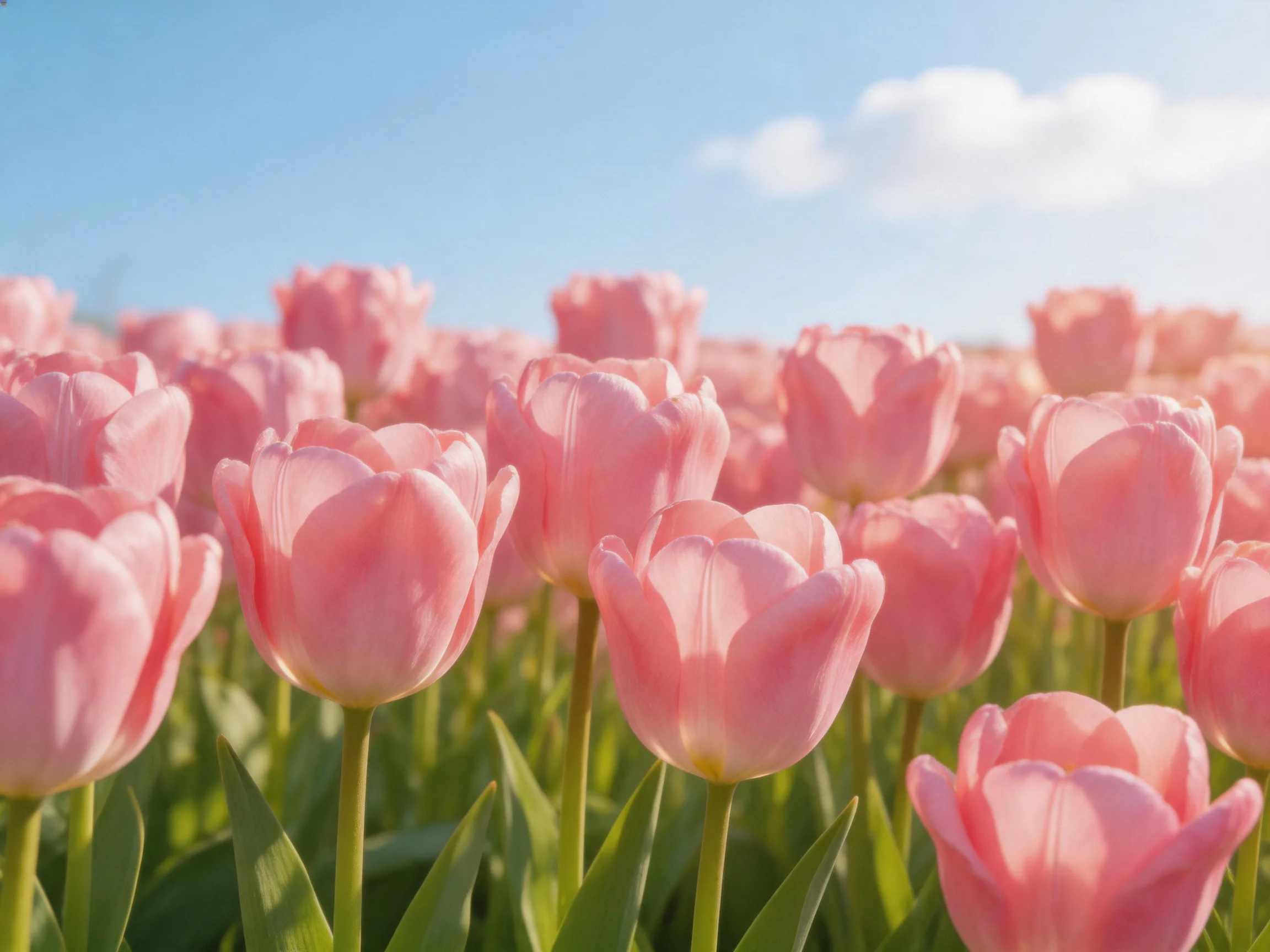 A field of soft pink tulips blooms under clear blue sky