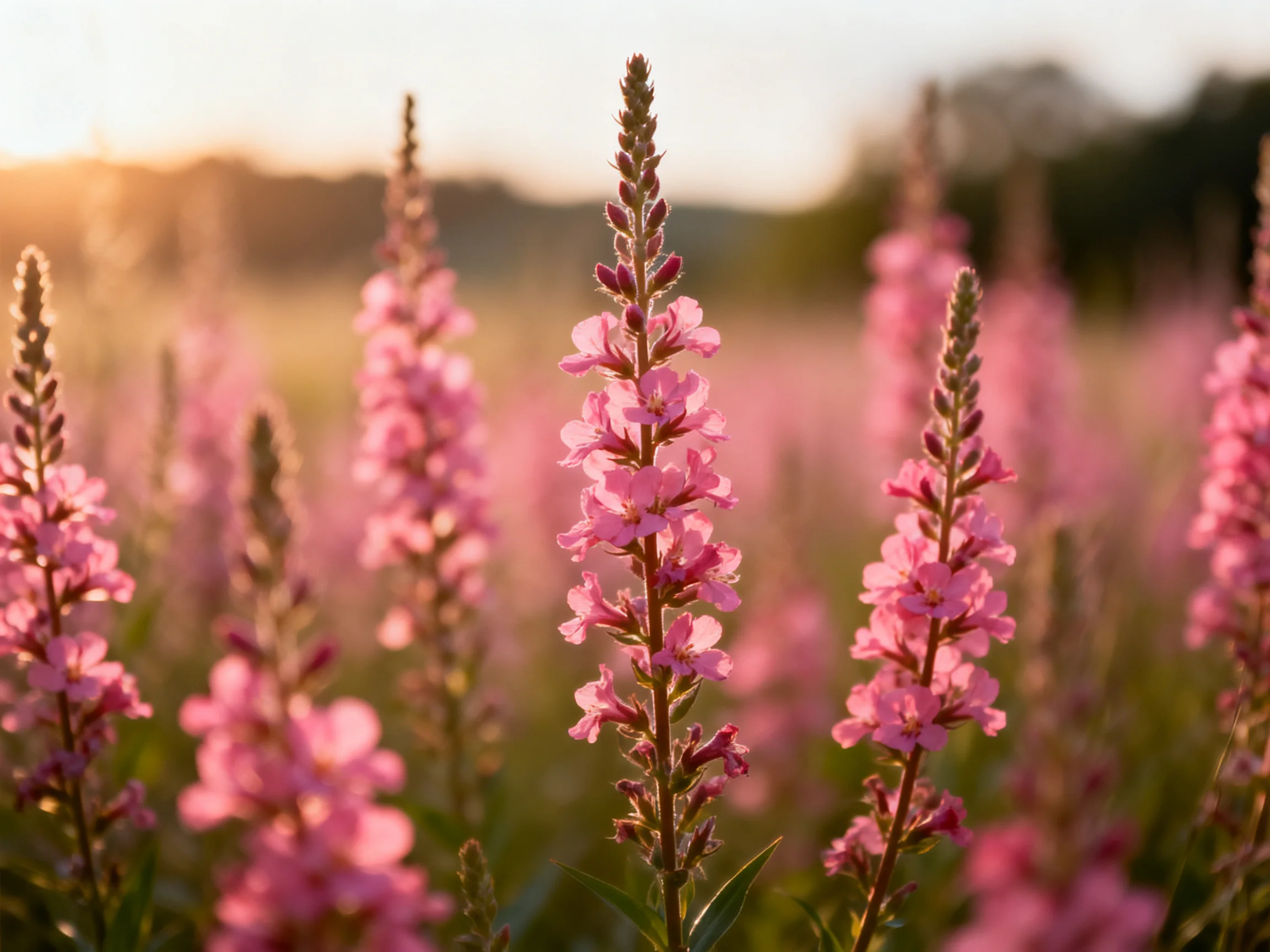 A field of tall pink wildflowers lit by golden sunlight