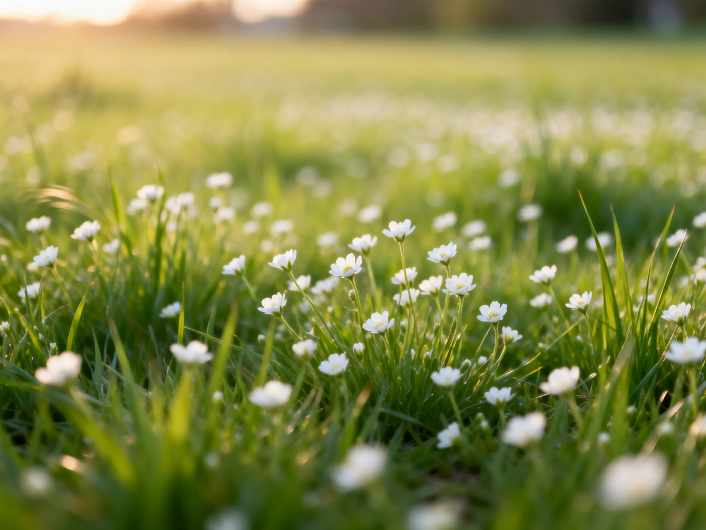 A field of tiny white wildflowers amid lush green grass
