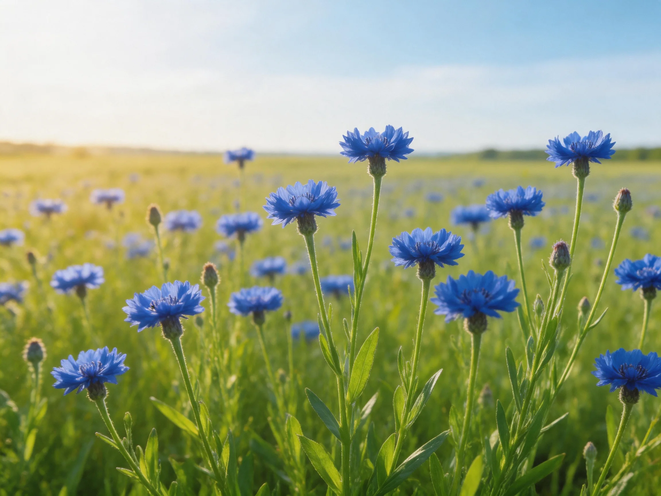 A field of vibrant blue cornflowers under sunny skies