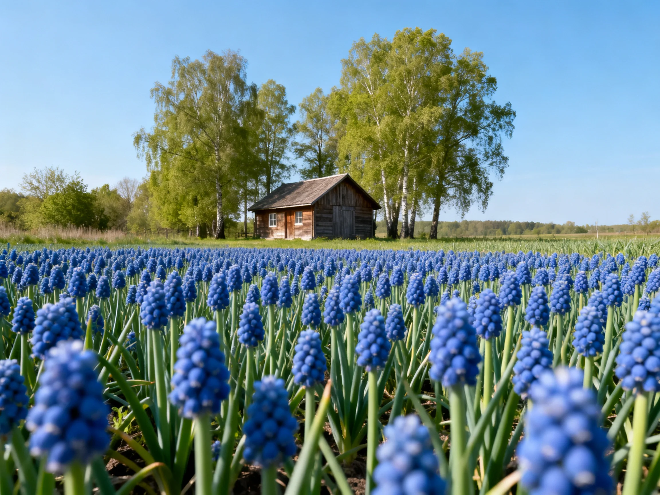 A field of vibrant blue flowers near an old wooden cabin