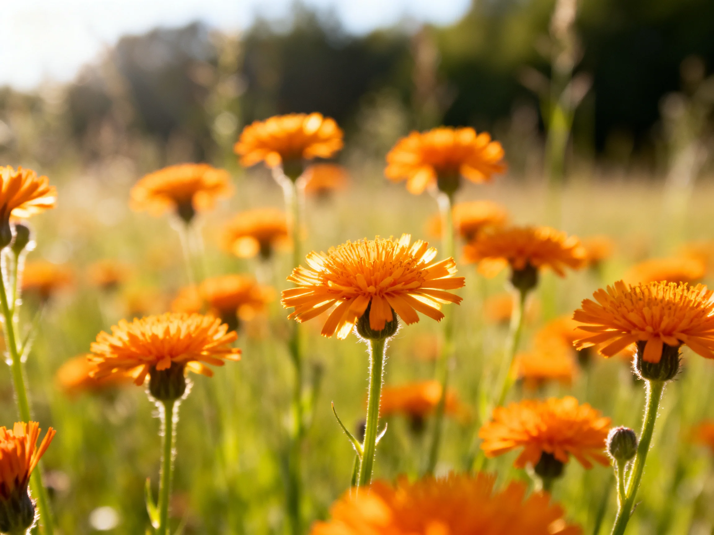 A field of vibrant orange wildflowers bathed in soft sunlight